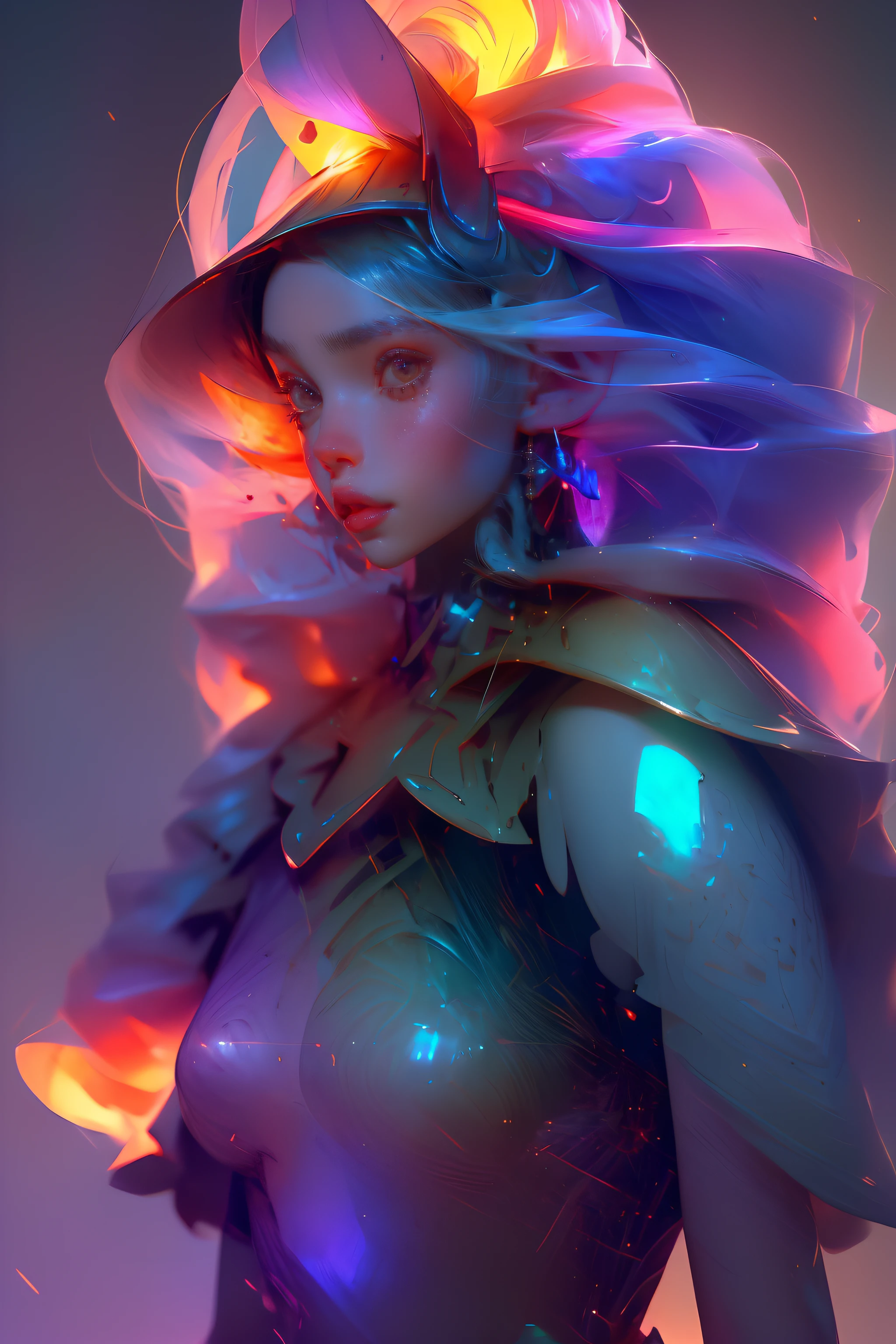 (Closeup_portrait:1.3) a Elf warrior, game character, (floating_long_hair:1.3), (detailed eyes:1.5), beauty face, cool vibe, glowing glyphs, graphite, gold, unique, reflection, detailed texture, detailed pattern, (glowing aura:1.2), fantasy, fantastic, sharp, rainbow crystals, storm aura, floating:1.4, ((purple aura, green aura)), shine:1.3, (chuppy body:1.4), ((revealing clothes)), nijistyle, green_glowing, (full_body:1.4), Golden+Purle armor, stylish, (masterpiece:1.2), (best quality), 4k, ultra-detailed, (dynamic composition: 1.4), (luminous lighting, atmospheric lighting), Final Fantasy style, magical, ((glove full hands)), fran, viera, ((Bunny helmet)), ((revealing armor)), detailed_clothes:1.3, vambraces, armored legwear, (((perfect_anatomy:1.4))