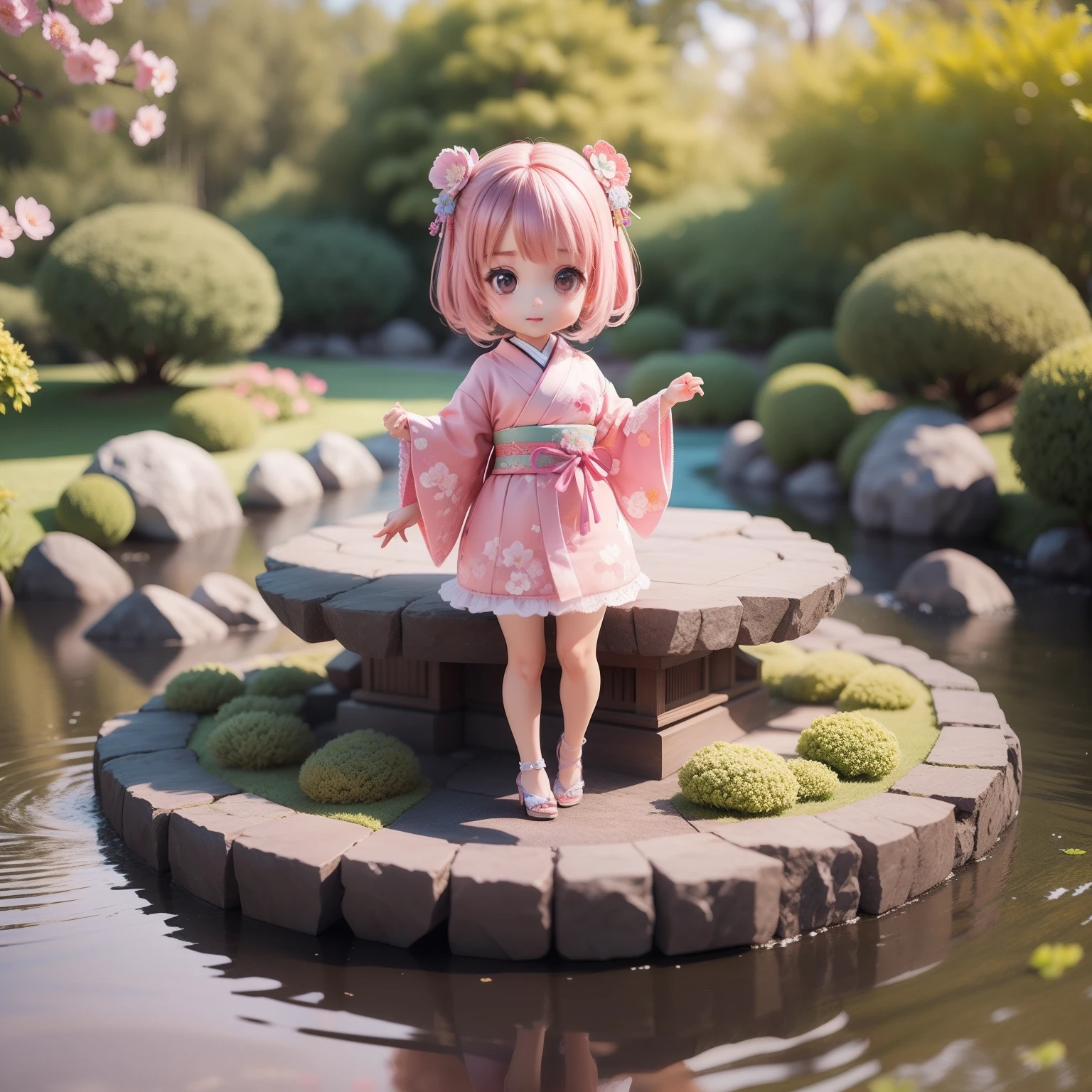 Cute Chibi Anime,(((chibi 3d))) (Best Quality) (Master Price)、Pink and purple kimono、White lace pin heels with knitted floral motif、Japanese garden