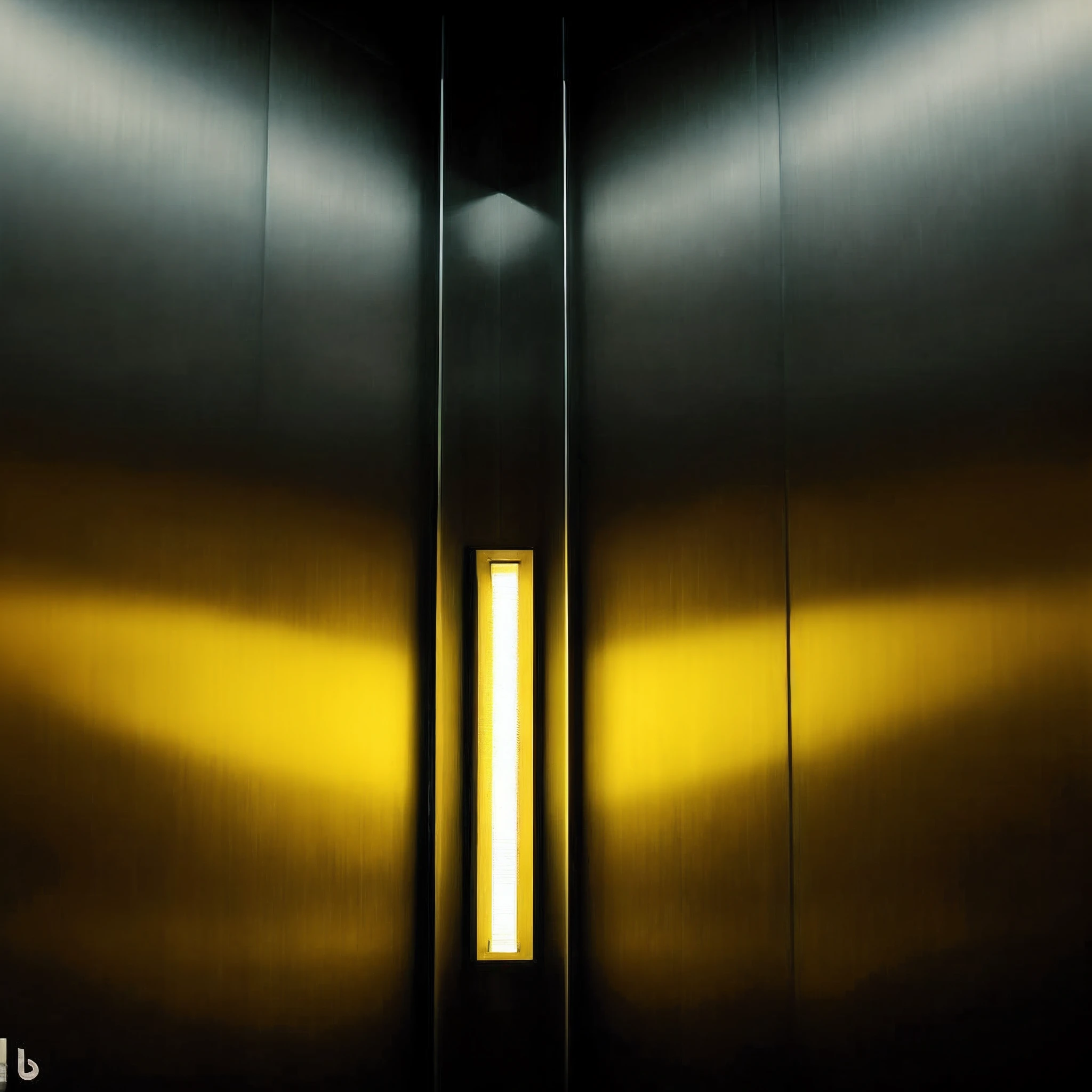 there is a light that is shining through a door, in the dark elevator, elevator, in an elevator, elevator doors look like a mouth, light shaft, lightshafts, yellow light, contrasted light, abstract conceptual, opposite the lift-shaft, abstract photography, gold light, yellow lighting, dramatic lighting hyper detail, contrasting light, directional light, HAL 9000
