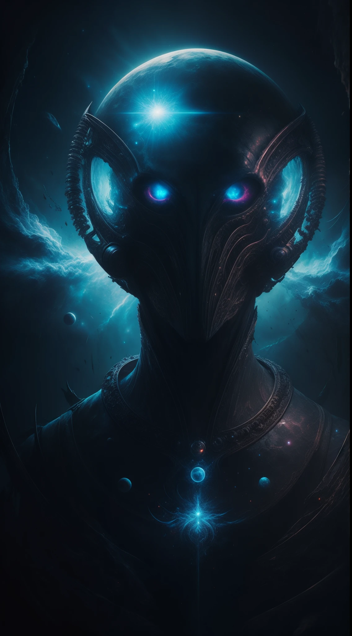 Ghostly portrait of a futuristic alien from another dimension, The creator of the universe with powerful ancient magic