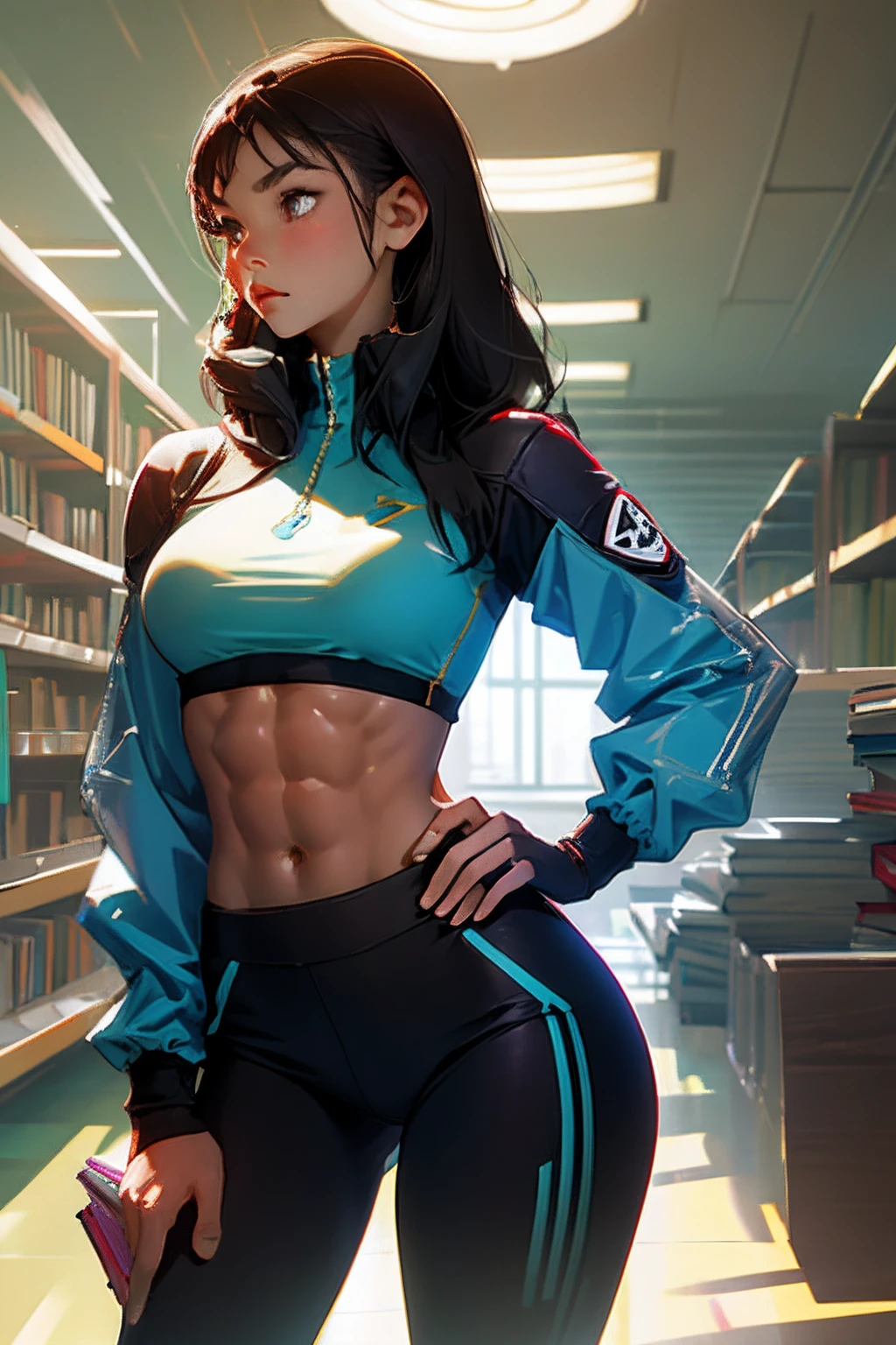 Sexy girl,Eight-pack abs,Buttocks and breasts,in library