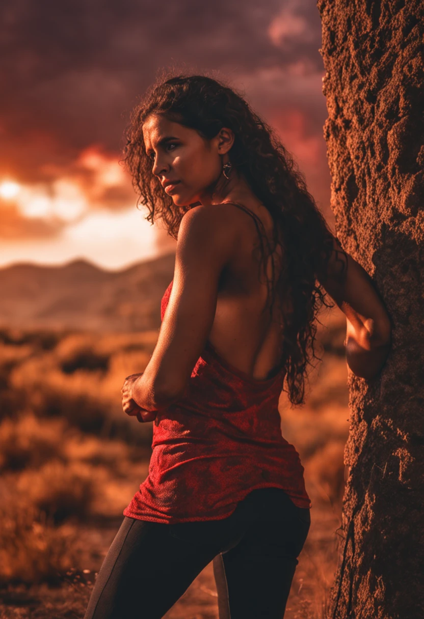 Retrato, retrato fotorrealista, de cuerpo entero, hermosa joven, vestida en, Against a crimson sunset, Dramatic sky. anatomy correct, Athletic Constitution, brazos hermosos, cabello oscuro muy largo. Pro Lighting, alto detalle, 8K,