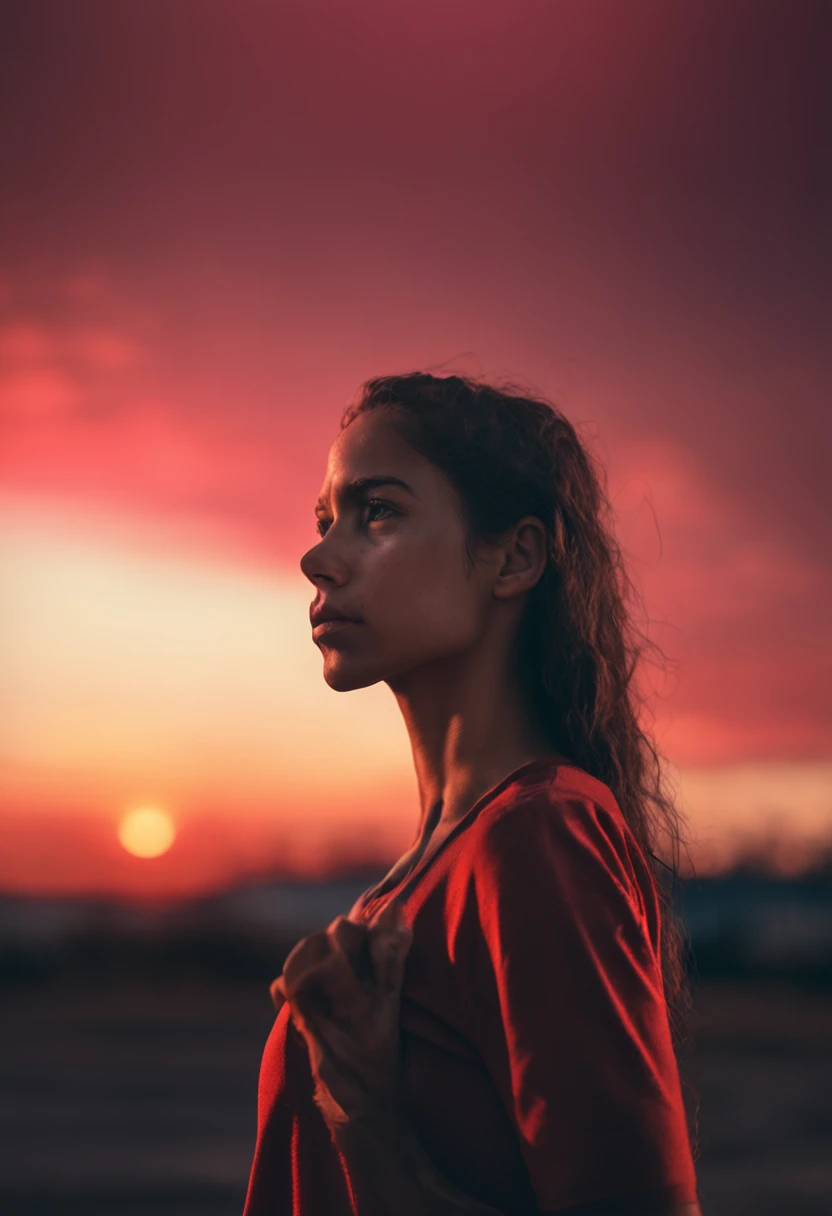 Retrato, retrato fotorrealista, de cuerpo entero, hermosa joven, vestida en, Against a crimson sunset, Dramatic sky. anatomy correct, Athletic Constitution, brazos hermosos, cabello oscuro muy largo. Pro Lighting, alto detalle, 8K,