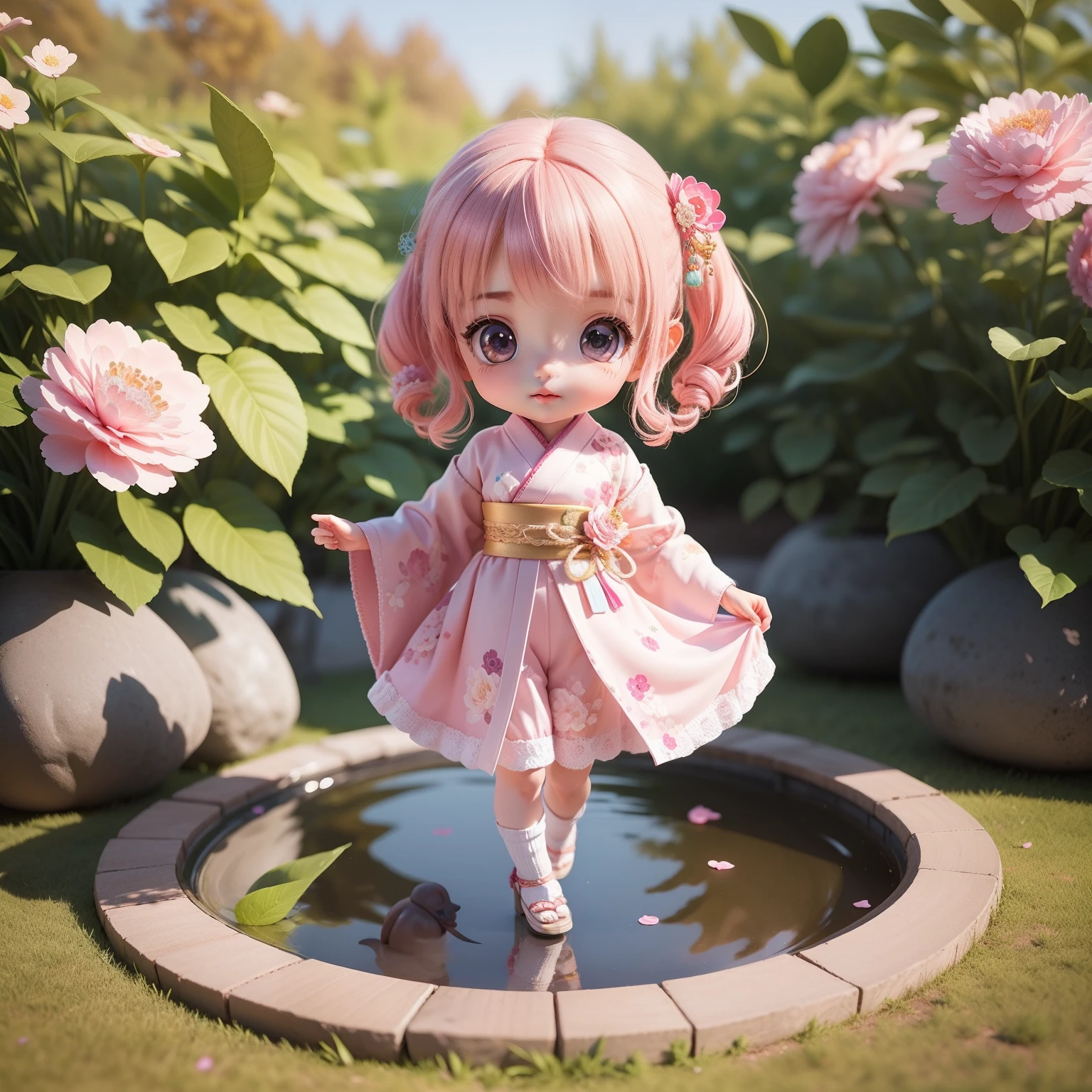Cute Baby Chibi Anime,(((chibi 3d))) (Best Quality) (Master Price)、Pink and purple kimono、White lace pin heels with knitted floral motif、Japanese garden