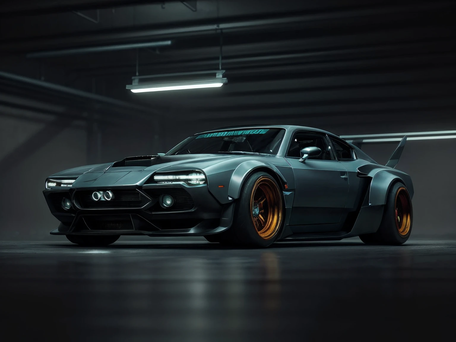 a 3/4 front view of ((futuristic cyberpunk hotrod zeekars)) (with glowing tires), at the parking lot,