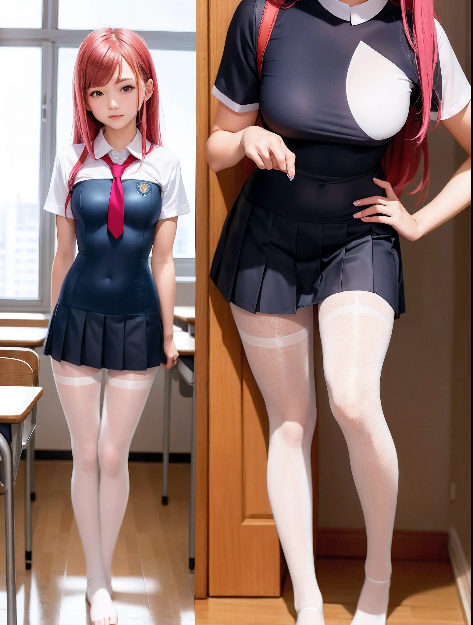 Beautiful girl standing,Thin leg,Barefoot stockings on the ground,Classroom pink hair,Long hair, Nice hairstyle,photorealistic eye,Nice detail eyes,Realistic skin,Beautiful skins,超高分辨率,Ultra photo realsisim,The is very detailed,the golden ratio,adolable,cute female student,Wearing a JK uniform,Surreal high school girl,short skirt,leotard skirt,lacepantyhose,White stockings,full body pov,Thin arms,Oversized breasts,tightsuit