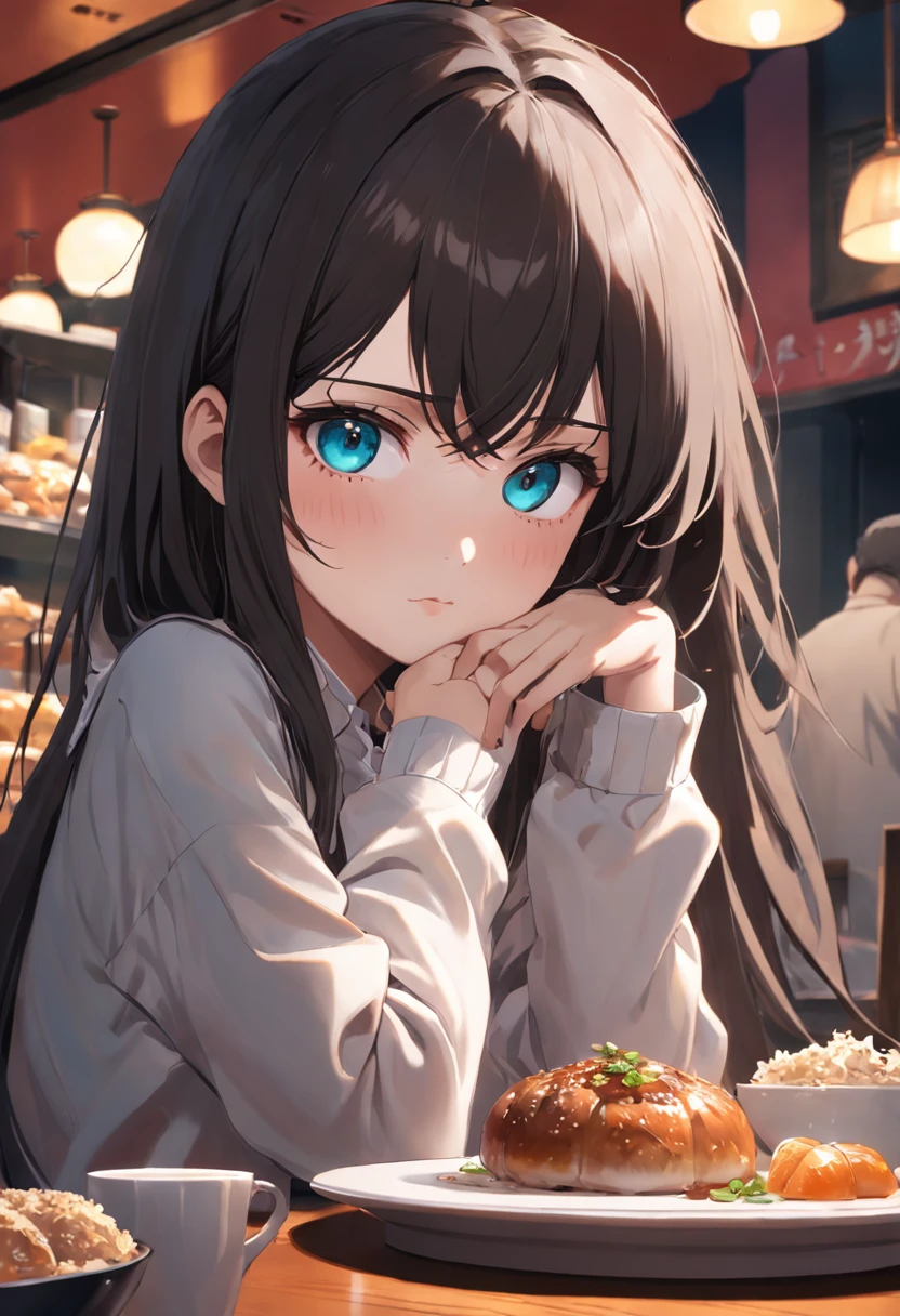 The girl sat at the table，There was coffee and a plate of food，realistic anime artstyle, Realistic anime 3 D style, Detailed digital anime art, attractive anime girls, The eyes are melancholy，largeeyes，cabelos preto e longos，Realistic anime art style, 4k manga wallpapers, Beautiful anime girl, 4K anime wallpaper, style of anime4 K, anime realism style, detailed portrait of an anime girl