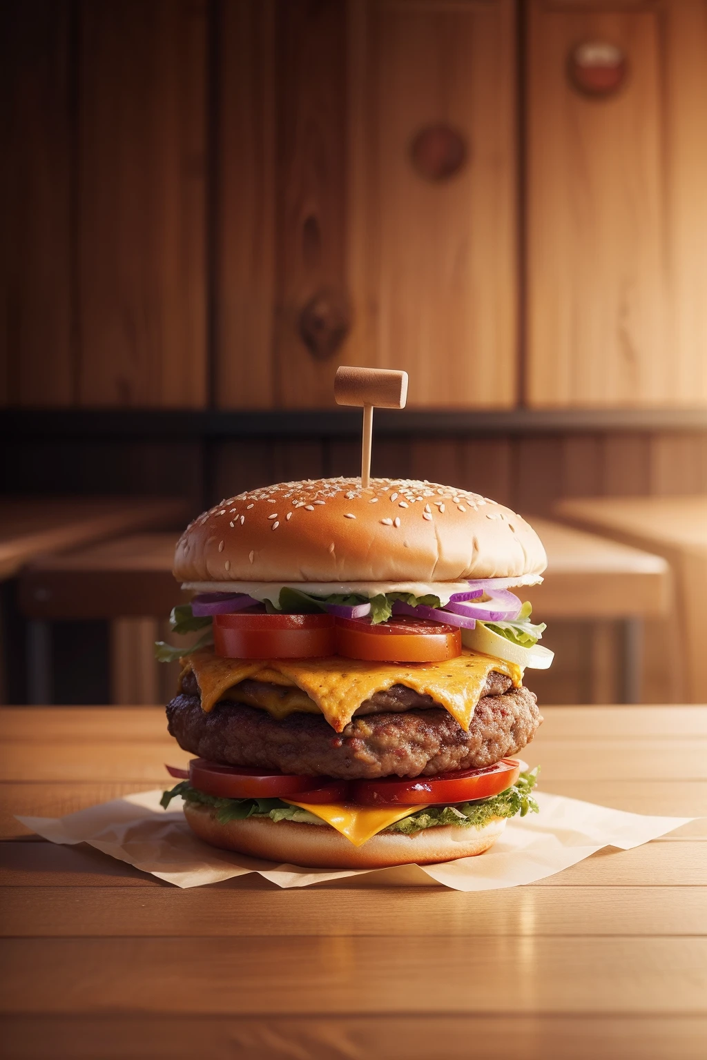 A hamburger on a wooden table, Pixar, Art Deco, depth of field, three sided view, 135mm, best quality