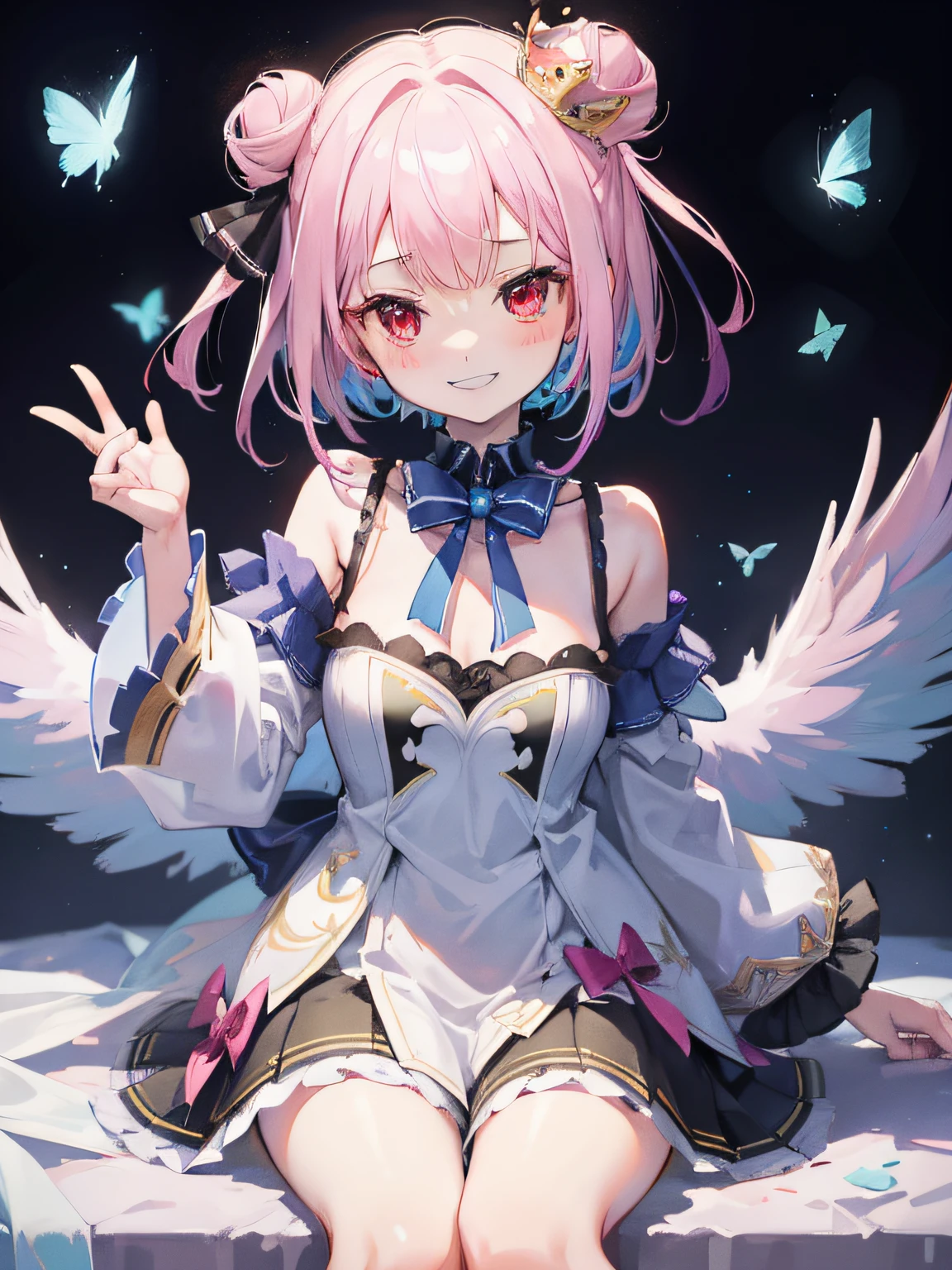 {Moist feather(hololive)}, 1girl, {short hair}, double bun, twintail ribbon, {Light pink hair}, {Red eyes}、​masterpiece、top-quality、grinning evily、{demon king}、{full bodyesbian}、a throne、ambition、Aura of Darkness、Blue winged butterfly、demon realm、