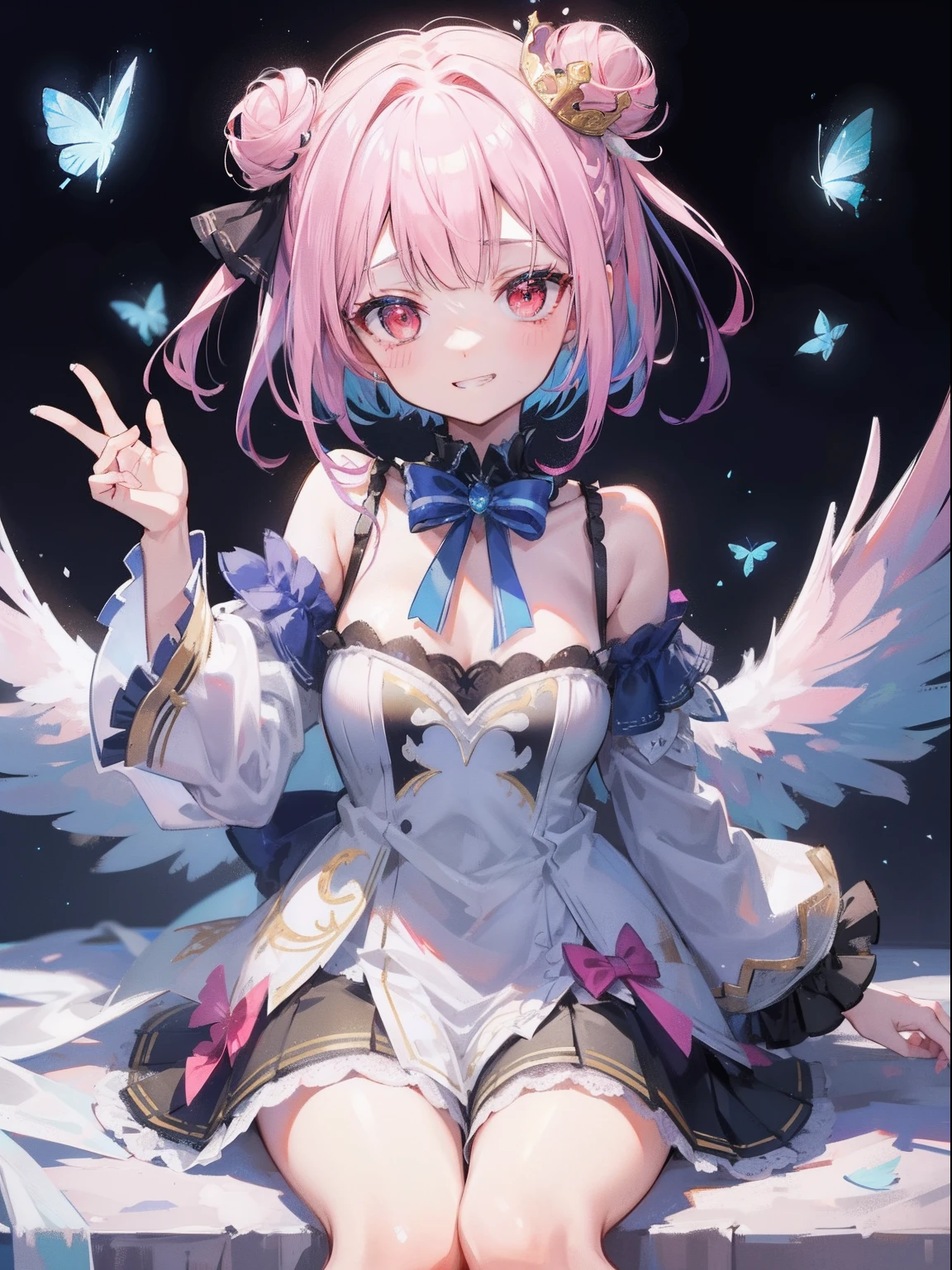 {Moist feather(ho****ve)}, 1girl, {short hair}, double bun, twintail ribbon, {Light pink hair}, {Red eyes}、​masterpiece、top-quality、grinning evily、{demon king}、{full bodyesbian}、a throne、ambition、Aura of Darkness、Blue winged butterfly、demon realm、