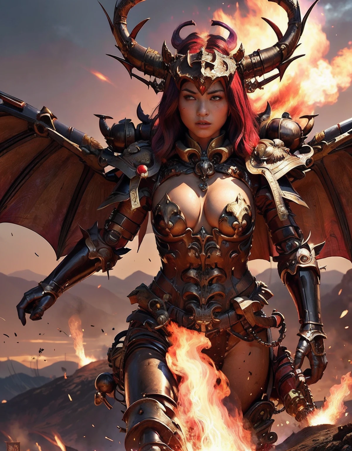 Professional , masterpiece、top-quality、photos realistic , depth of fields 、(Dragon Red Metal Body:1.9),(Enamel purple、(cleavage of the breast)、Mystical expression、Dragon Gold Weapon、(Red Micro Bikini Armor:1.4),Gorgeous gold weapons ,Particles of light、(( Dragon's dense and gorgeous sword)) , (demonic wings)、((a blond))、(Castle background)、((Gangle's forest background))、((Fight dragons))、Beautiful Caucasian beauty、1a person、dynamic ungle,(((Detailed and ornate dragon helmet)))、Smaller head、A smile、Castle background、Thin and beautiful female hands、cleavage of the breast、Soldier in iron armor on background、Mystical expression、Light Effects、intense fighting、Wind-effect、magic circles、With the legendary magic wand、Dragon's tail、explosions、Anatomically correct body、