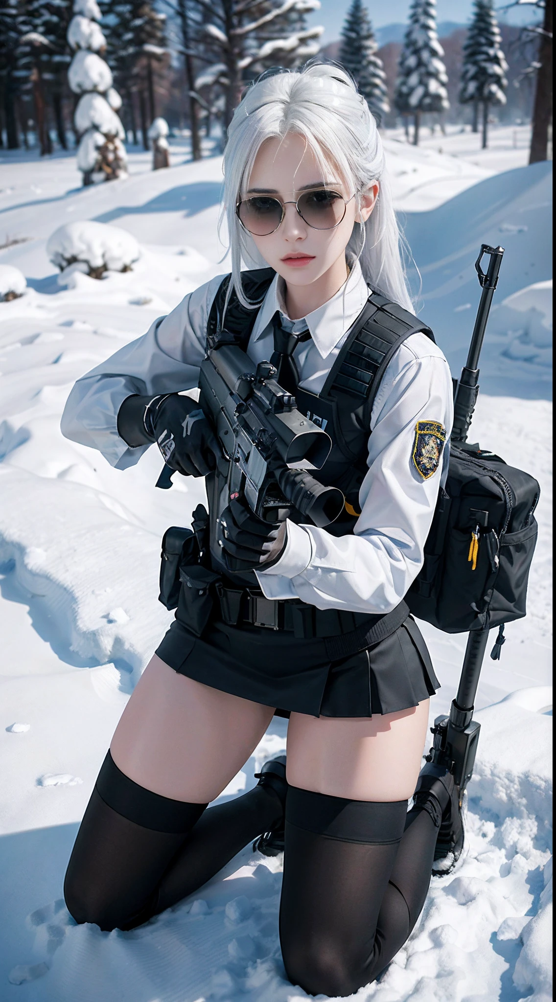((best quality)), (masterpiece), photorealistic, photorealism, 1girl kneeling and aiming with an ak-47 assault rifle, mini skirt, (thighhighs), Photorealistic, high resolution,Snow background, looking to the camera, (Detailed face), White hair, SWAT vests, Gun, jewelry,black gloves, sunglasses on Head, Fingers are occluded