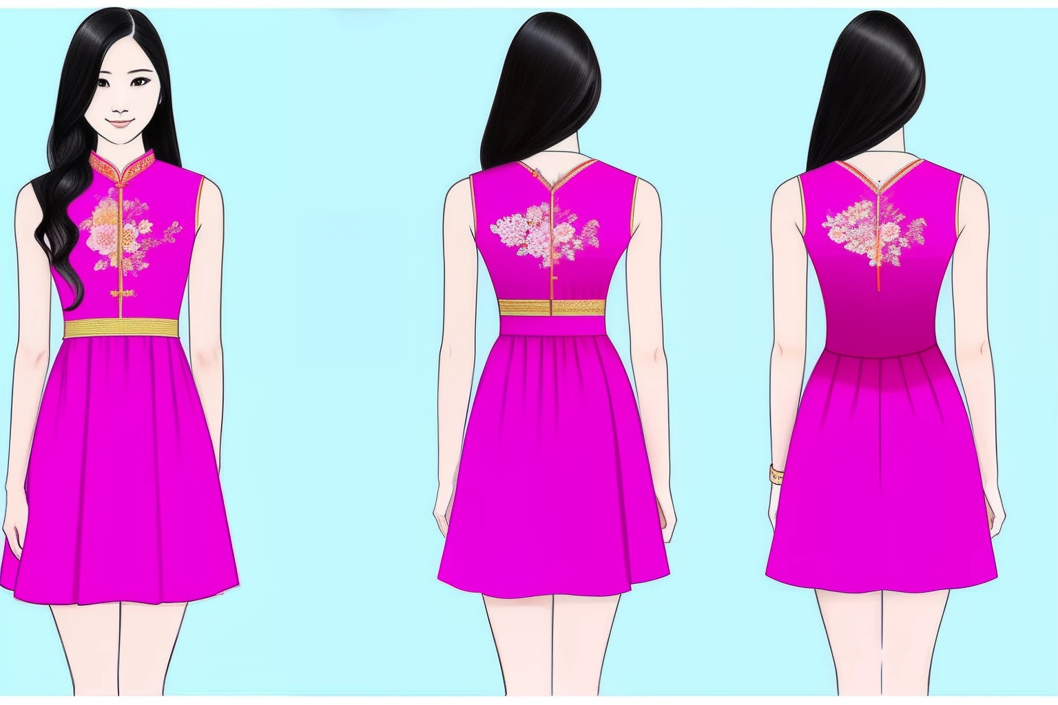 draw sketch of western short dress fusion with chinese, Front and back of model. Face side and back side both