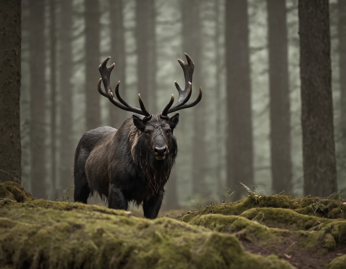 A dark Nordic forest with a mythical creature lurking.