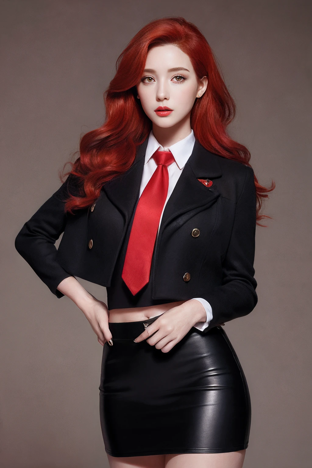 Photorealistic, high resolution, 1 Women, Hips up, Beautiful eyes, Red hair, ringed eyes, Collared shirt,red necktie,Black skirt, pencil skirts, Fur coat