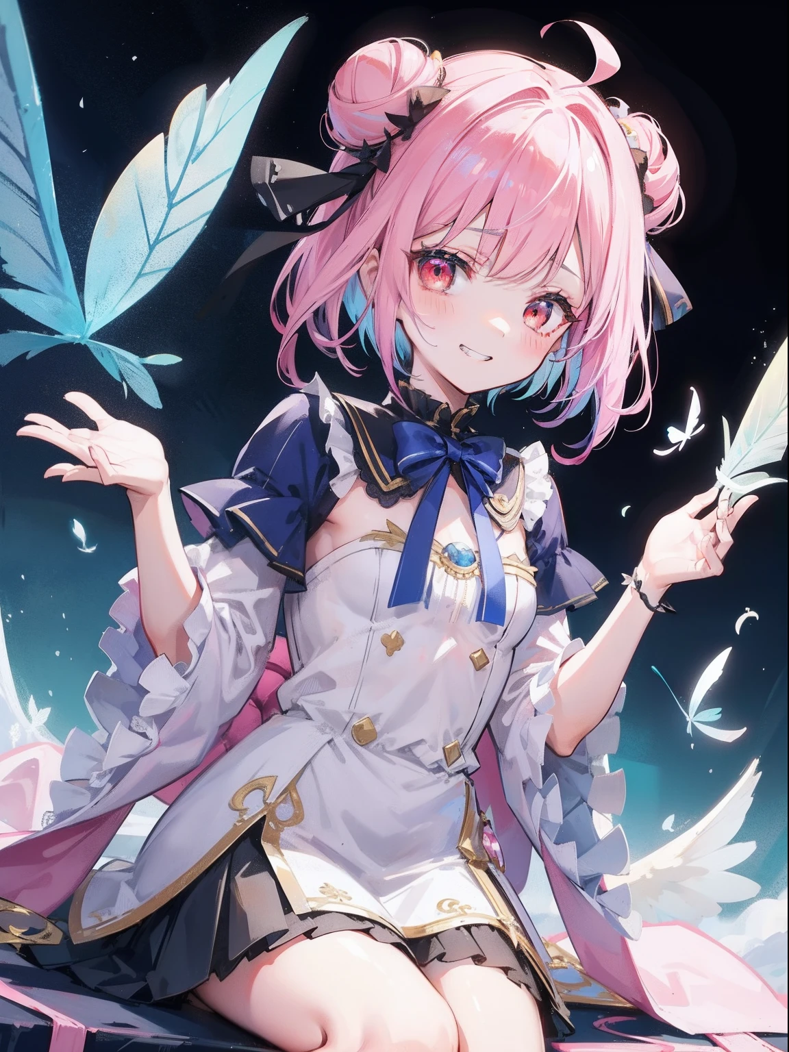 {Moist feather(ho****ve)}, 1girl, {short hair}, double bun, twintail ribbon, {Light pink hair}, {Red eyes}、​masterpiece、top-quality、grinning evily、{demon king}、{full bodyesbian}、a throne、ambition、Aura of Darkness、Blue winged butterfly、demon realm、