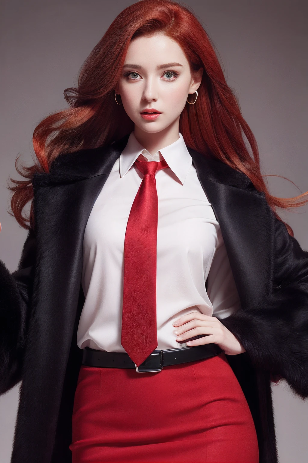 Photorealistic, high resolution, 1 Women, Hips up, Beautiful eyes, Red hair, ringed eyes, Collared shirt,red necktie,Black skirt, pencil skirts, Fur coat