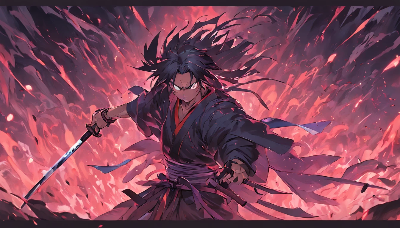 2D anime style art: An exciting and dynamic fight scene featuring two characters from the Demon Slayer anime universe. the main character, tanjiro kamado, is portrayed with his characteristic scar, fighting a formidable demon in the style of Mikazuki Koyomi. Tanjiro's stubble is prominent, and his clothes are in disarray as he focuses intensely on his opponent. The colorful and intricate design of his beard stands out in sharp contrast to his pitch-black hair... Their fiery red swords, Nichirin, are ready for action.
Enquanto isso, the demon opponent is portrayed with menacing features, including sharp and shiny teeth