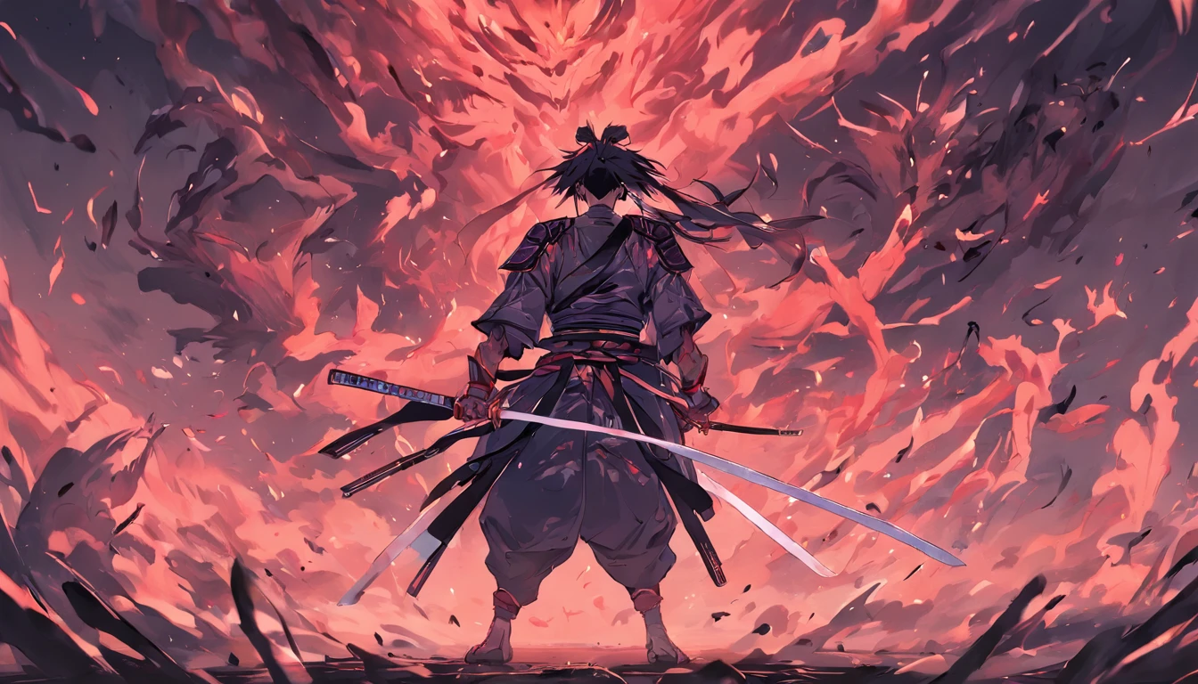 Approximately 20 years after the feudal era, A samurai with a katana emanating a black aura facing off against several monsters ready to attack him.