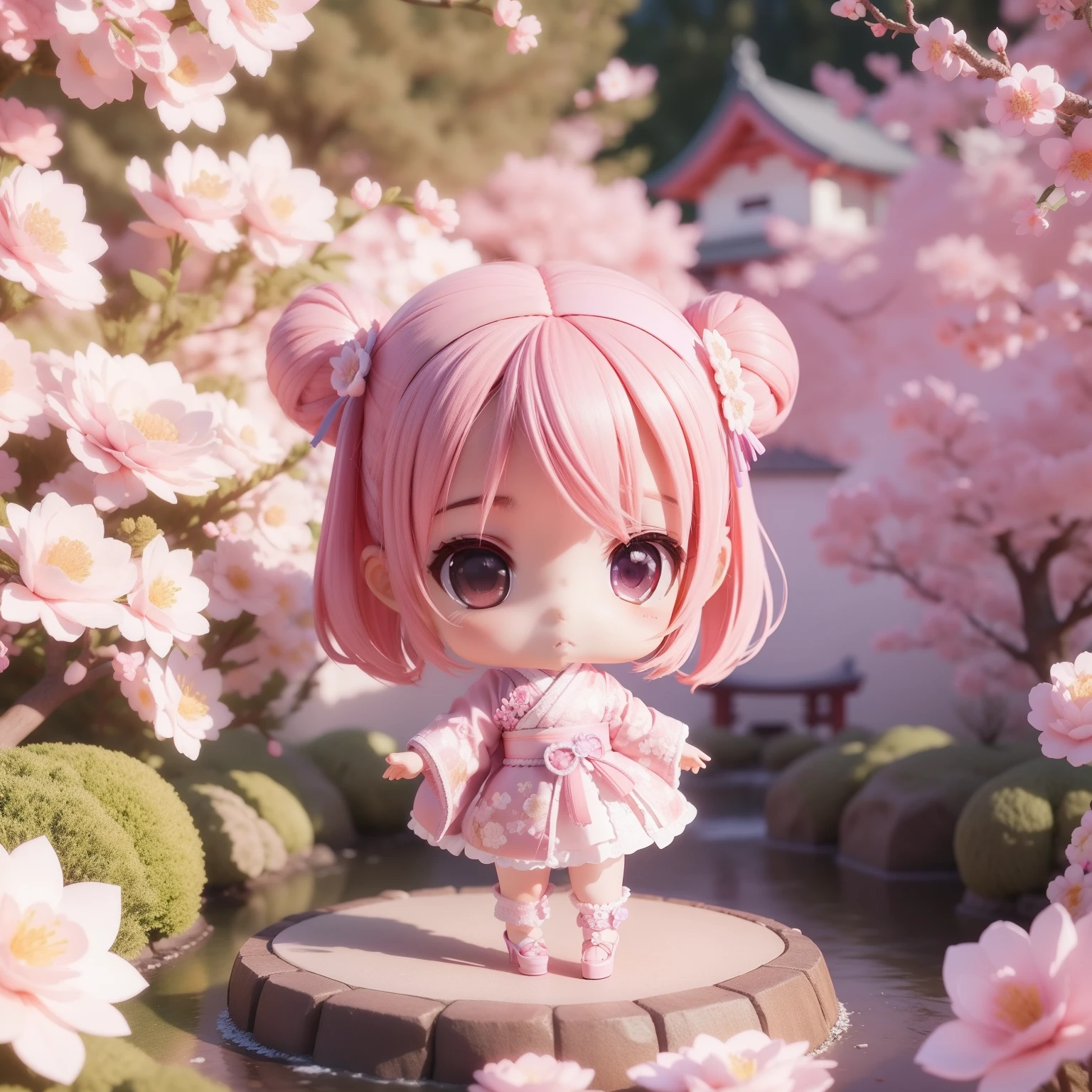 Cute Baby Chibi Anime,(((chibi 3d))) (Best Quality) (Master Price)、Pink and purple kimono、White lace high heels with knitted floral motif、Japanese garden