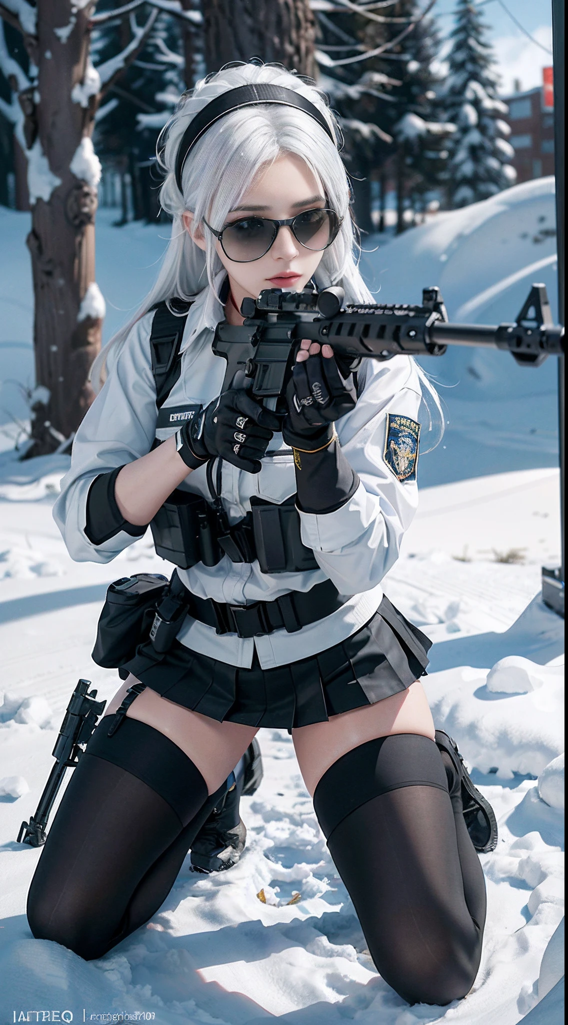 ((best quality)), (masterpiece), photorealistic, photorealism, 1girl kneeling and aiming with an ak-47 assault rifle, mini skirt, (thighhighs), Photorealistic, high resolution,Snow background, looking to the camera, (Detailed face), White hair, SWAT vests, Gun, jewelry,black gloves, sunglasses on Head, Fingers are occluded