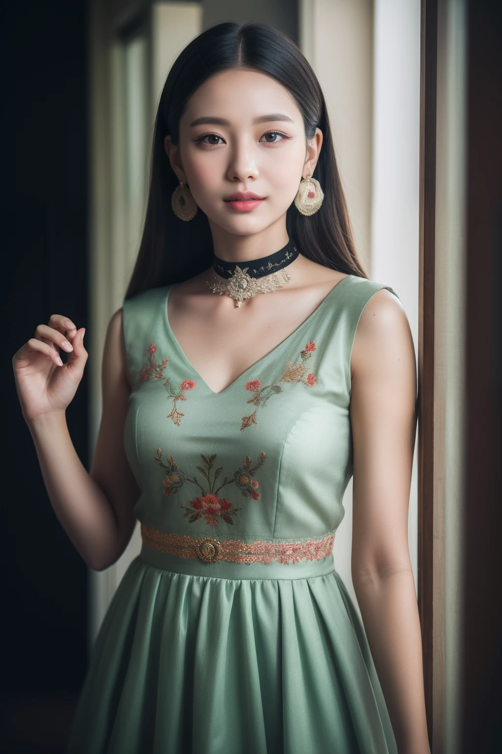 Best,master masterpiece,High res,1girl,Blushlush,(Seductive smile:0.8),star pupil,hairdecorations,Choker,jewelry,beauty face,on_physicality，,Tindal Effect,PhotoRealistic,Shadow Room,Light edges,Two-tone illumination，（High Detail skin：1.2），8k uhd，SLR，highs quality，volume illumination，Candid camera，photot，High res，4k，8k，background bokeh，ornate clothes，embroidery，，，Embroidered，Embroidered clothes，Embroidered peony，Hands on your waist，an earring，jadeite，35mm，high detailed hair，upper  body，halfbody，Portraits，sskirt，piece dress