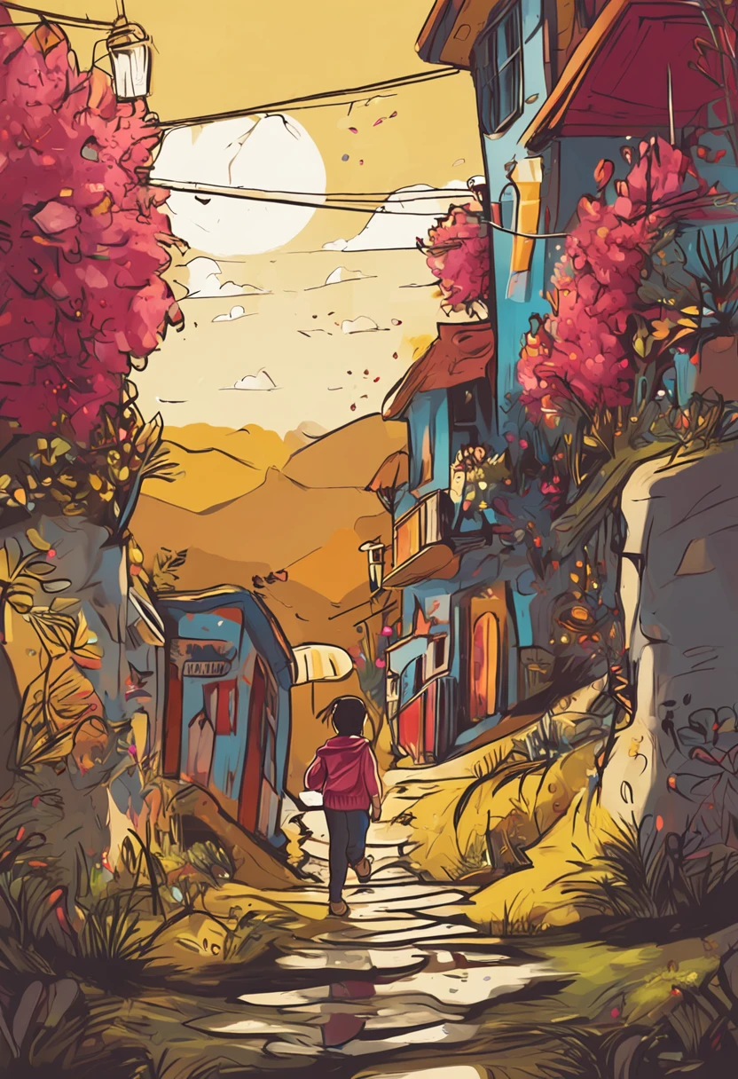OilPaintStyle,foot of the mountain,natta,A little girl,Holding a small yellow lamp in his hand,Walk down the hill,On the hill are looming houses and trees
