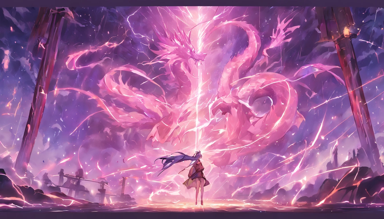 (shoun),Hand-held bamboo cane,(Purple dragon),(Lightning dances in the air),(lightning effects:1.5),Elongated dragon body,elevation,Faraway view,super detailing,best qualtiy,tmasterpiece,8K,Extremely detailed,Epic artwork