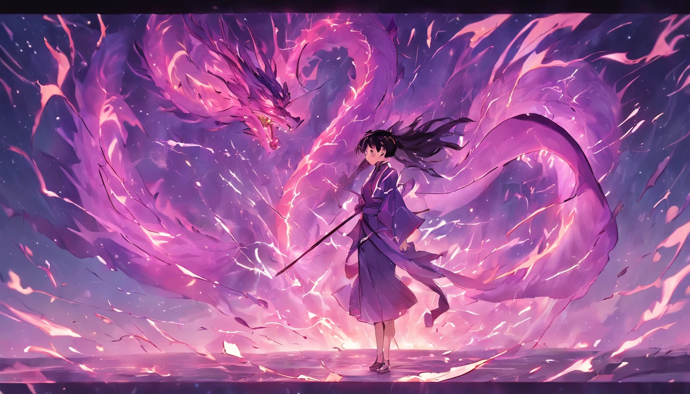 （shoun），Hand-held bamboo cane，（Purple dragon），（Lightning dances in the air），（lightning effects：1.5）,Elongated dragon body，elevation，Faraway view，super detailing，best qualtiy，tmasterpiece，8K，Extremely detailed，Epic artwork