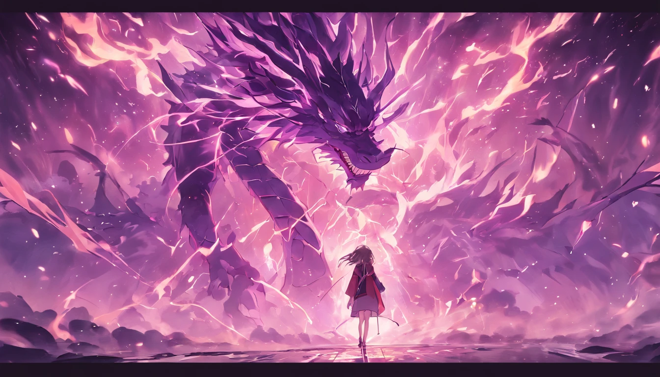 (shoun),Hand-held bamboo cane,(Purple dragon),(Lightning dances in the air),(lightning effects:1.5),Elongated dragon body,elevation,Faraway view,super detailing,best qualtiy,tmasterpiece,8K,Extremely detailed,Epic artwork
