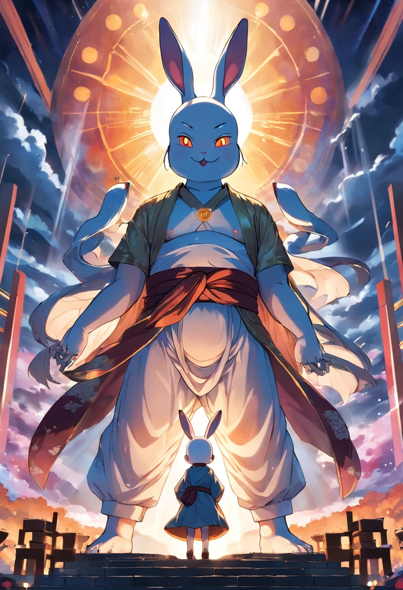 A huge Buddha statue seen in the distance、There are mountains around々、wood々、Brightly lit、people々Around the area