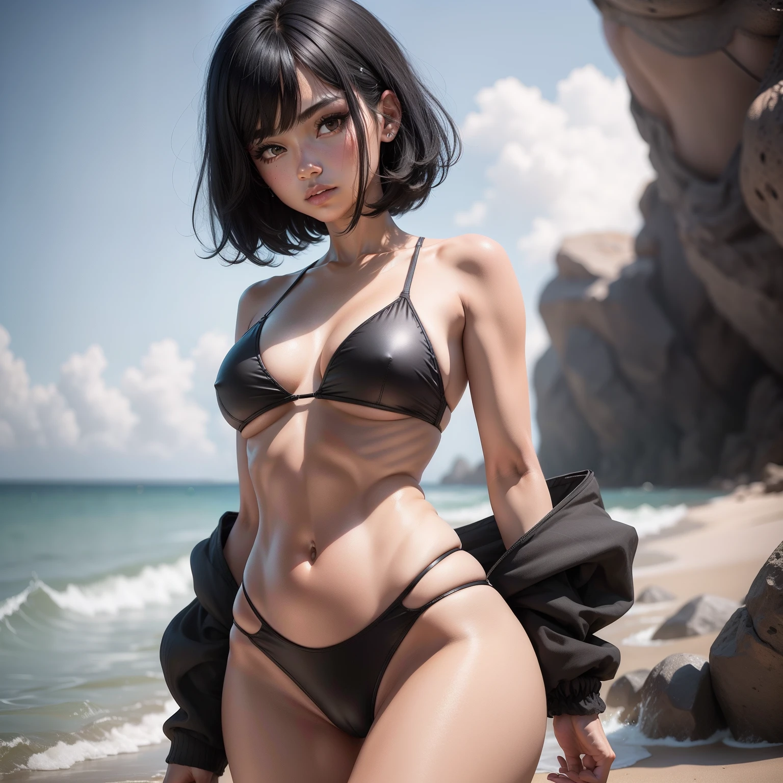 black hair, bob, Slender swimwear, 8k