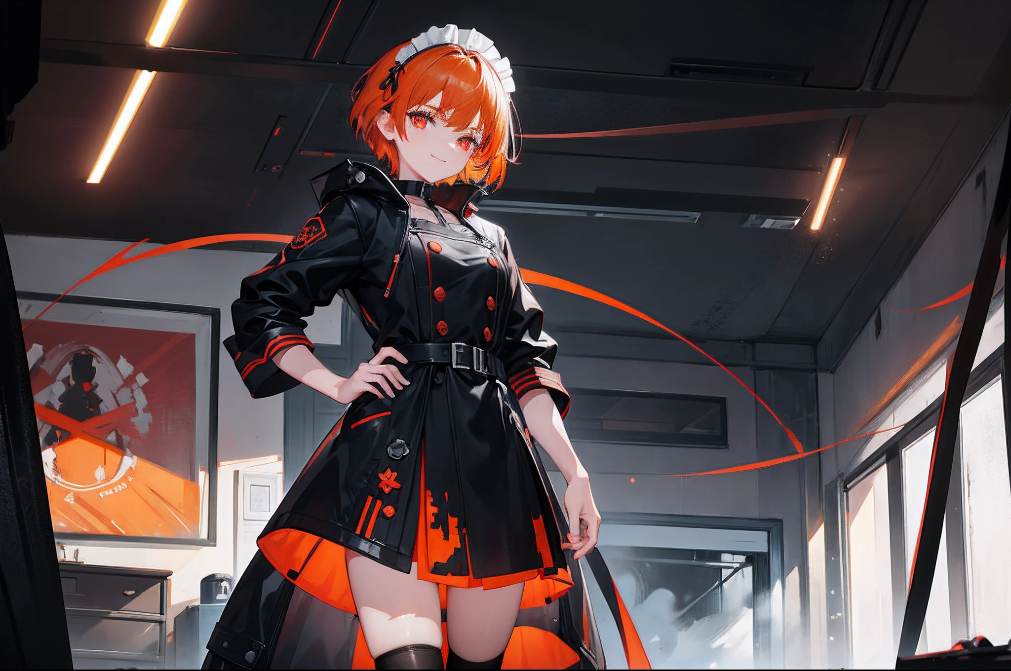 Aberrant colours, best quality, cinematic lighting, highest resolution, 8k, young woman, 1 girl, solo, red eyes, short hair, orange hair, maid_dress under coat, tattered black coat, smile, nimble figure, cute pose, standing, looking at viewer from the side, destroyed inner room of a household as background