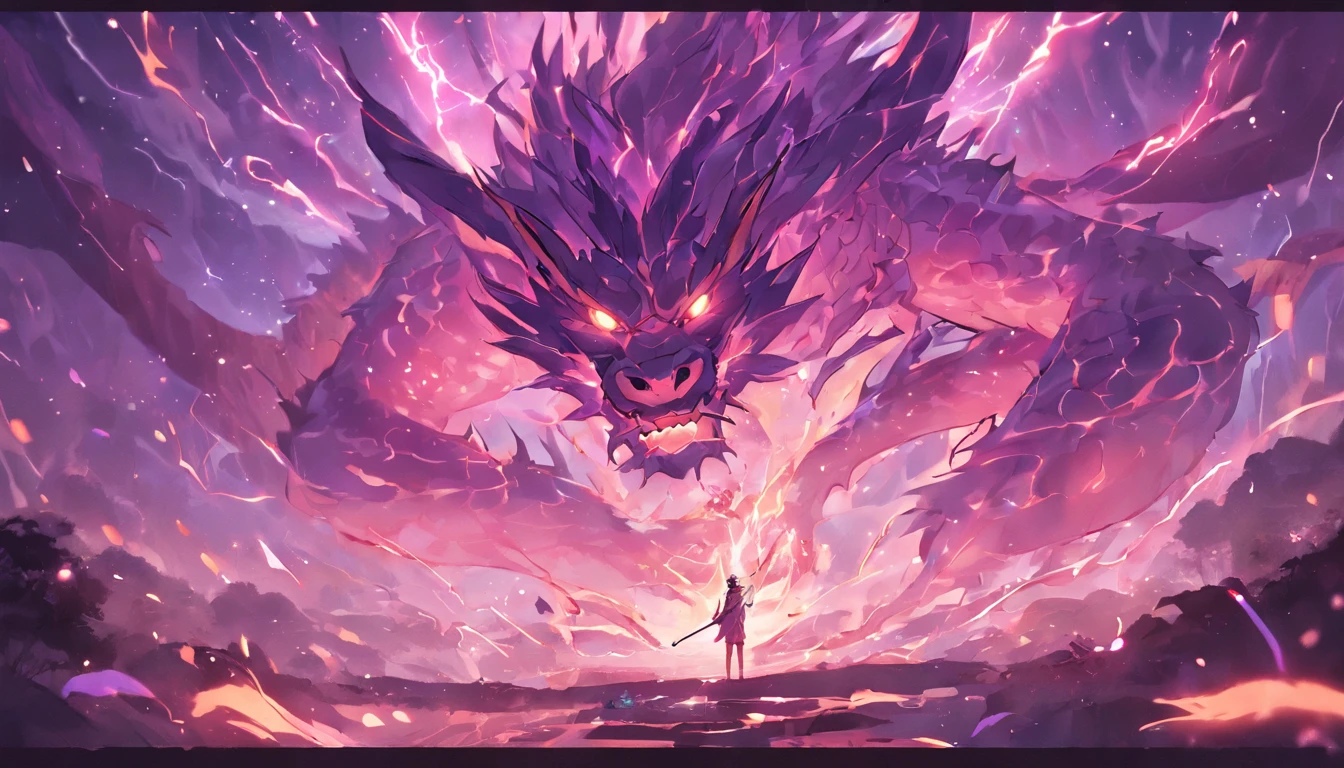 (shoun),Hand-held bamboo cane,(Purple dragon),(Lightning dances in the air),(Lightning effects:1.5),Elongated dragon body,elevation,Faraway view,super detailing,best qualtiy,tmasterpiece,8K,Extremely detailed,Epic artwork