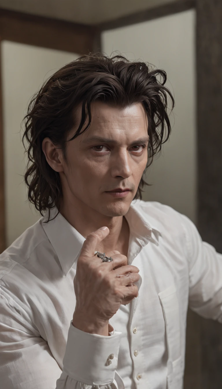Masterpiece, Johnny Depp, Edward Scissorhands, movie stills, white shirt, (renderizado 3D profesional:1.3) de (realista:1.3) The most beautiful art photo in the world