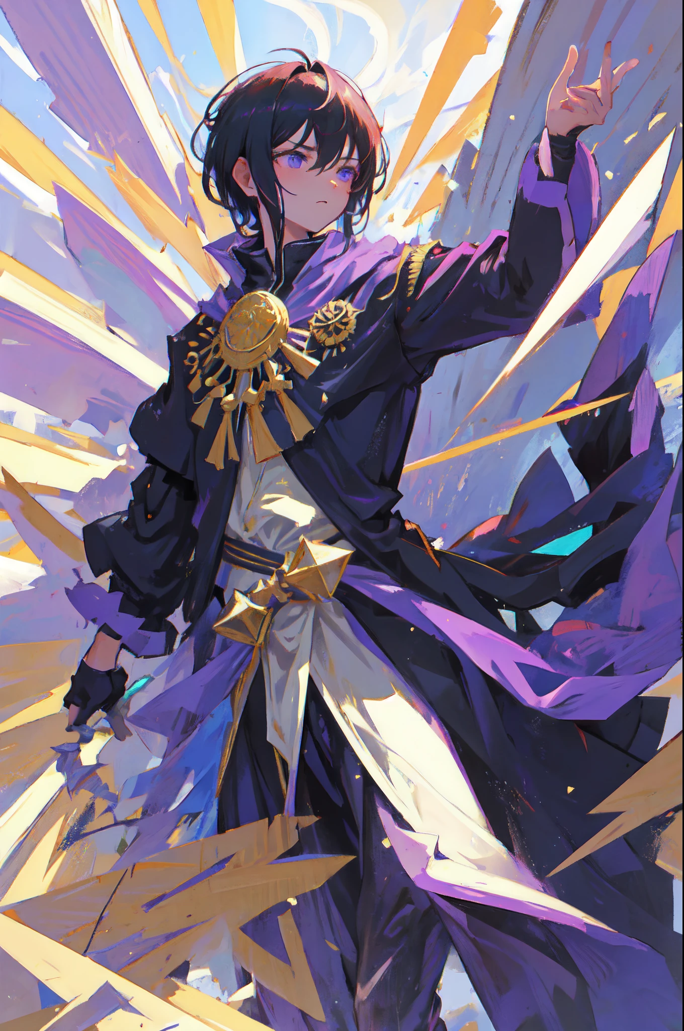 1.5, best quality, high quality, High definition, High quality texture, high detail, beautiful detailed, finely detailed, extremely detailed cg, detailed texture, 1man, 22 years old, dark room, black robe, legendary spear, sharp spear, golden spear, action shot, short hair, white hair, disheveled hair, bloodied, determined look, large aura, purple aura, shadow monarch