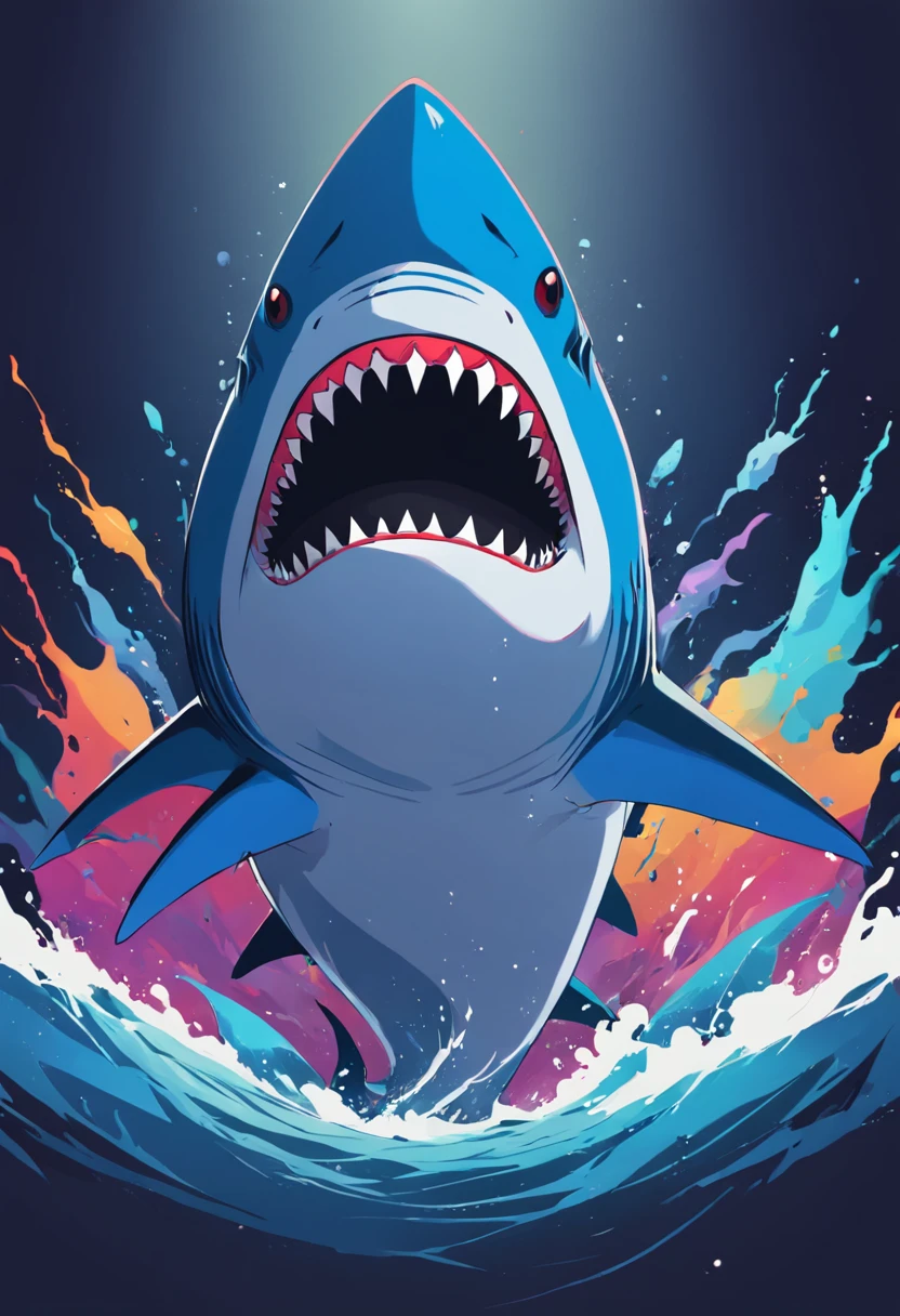 Colorful Logo, Shark head minimalist vector art logo illustration, Frontal, Magic, Crisp design, suave, monochrome color, Dark Magic Colorful Splash Painting, tshirt design, In the style of Studio Ghibli, The design must be vector art, Introduction to the shark. Using Adobe Illustrator、Create a sharp, simple-looking logo, But fascinating. Keep the design centered on the shark's eye, Capture its uniqueness and charm. The logo should evoke a sense of sophistication and tranquility. Emphasis on low-poly style、Adds a touch of luxury. The overall aesthetic must be elegant and elegant, Make it relevant for your branding and logo objectives, black backgrounds, ((Symmemeter)) It's a shark