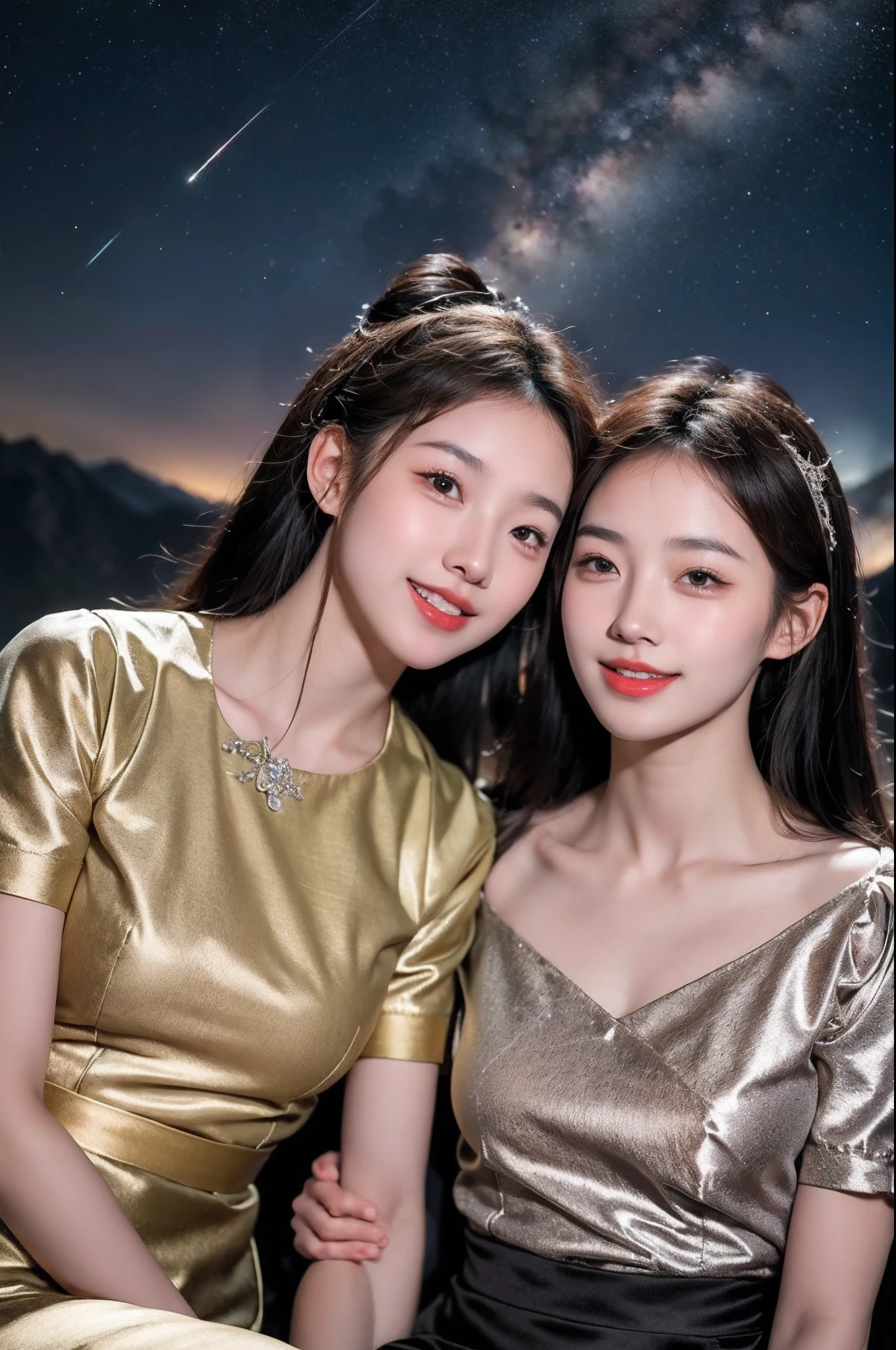 Smiling,Face focus, Meteor shower in the starry sky, Several lesbians sitting together looking at the stars,leering,leering:1.3, Planets explosding,Masterpiece, Best quality, intricately details, absurderes,ulzang