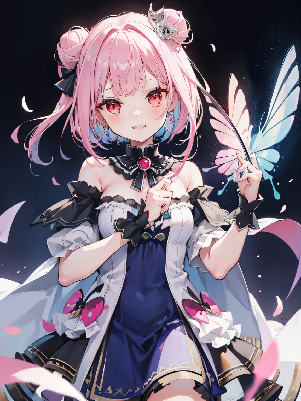 {Moist feather(hololive)}, 1girl, {short hair}, double bun, twintail ribbon, {Light pink hair}, {Red eyes}、​masterpiece、top-quality、grinning evily、{demon king}、{full bodyesbian}、a throne、ambition、Aura of Darkness、Blue winged butterfly、Dark blue dress、demon realm、