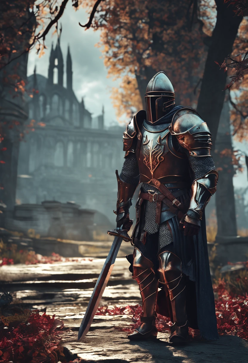 Undead Knight，European and American stylization，Beautiful picture quality。8k，Stylized game，holding a magic sword，full bodyesbian，Wearing armor，Feet on the ground