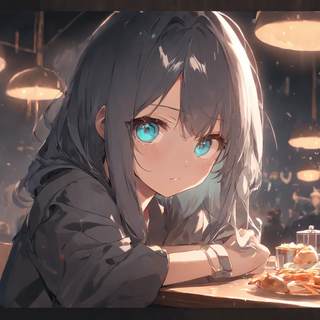 The girl sat at the table,There was coffee and a plate of food,realistic anime artstyle, Realistic anime 3 D style, Detailed digital anime art, attractive anime girls, The eyes are melancholy,largeeyes,cabelos preto e longos,Realistic anime art style, 4k manga wallpapers, Beautiful anime girl, 4K anime wallpaper, style of anime4 K, anime realism style, detailed portrait of an anime girl