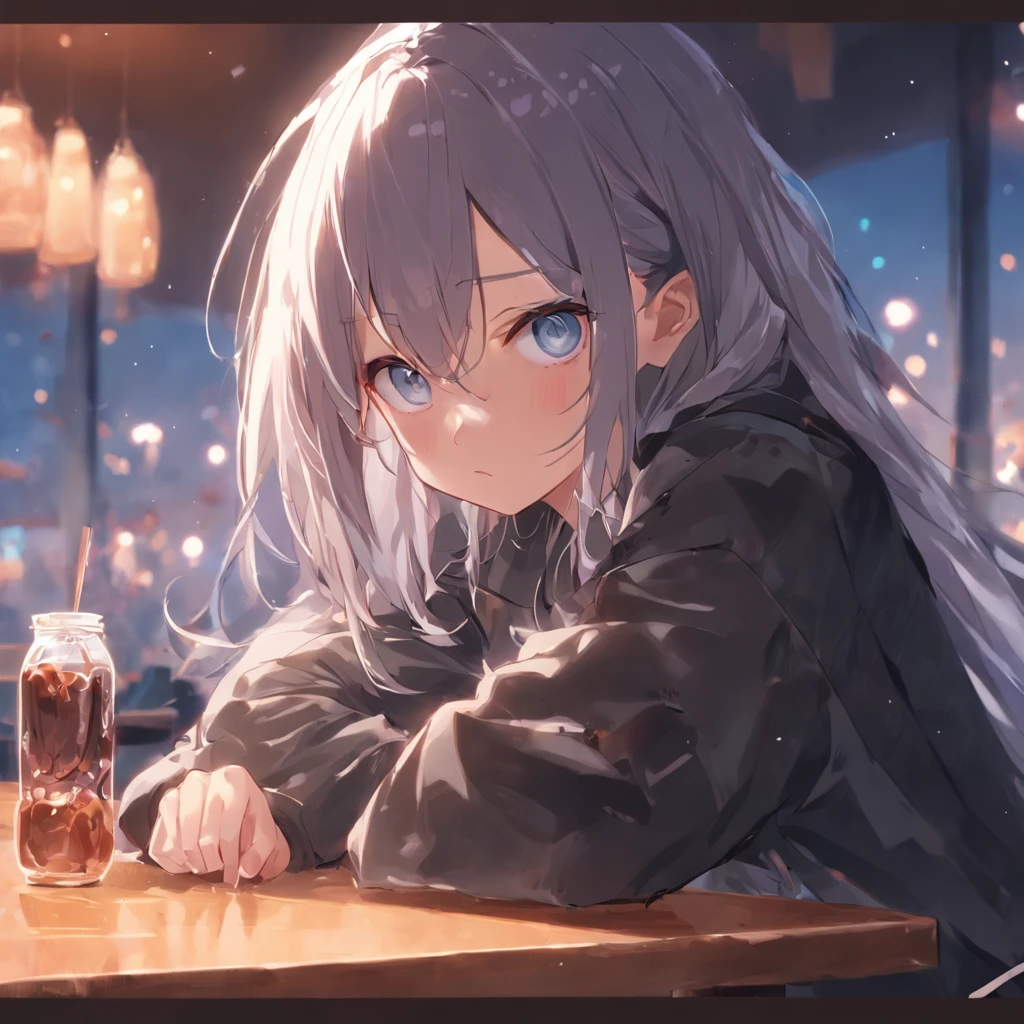 The girl sat at the table，There was coffee and a plate of food，realistic anime artstyle, Realistic anime 3 D style, Detailed digital anime art, attractive anime girls, The eyes are melancholy，largeeyes，cabelos preto e longos，Realistic anime art style, 4k manga wallpapers, Beautiful anime girl, 4K anime wallpaper, style of anime4 K, anime realism style, detailed portrait of an anime girl