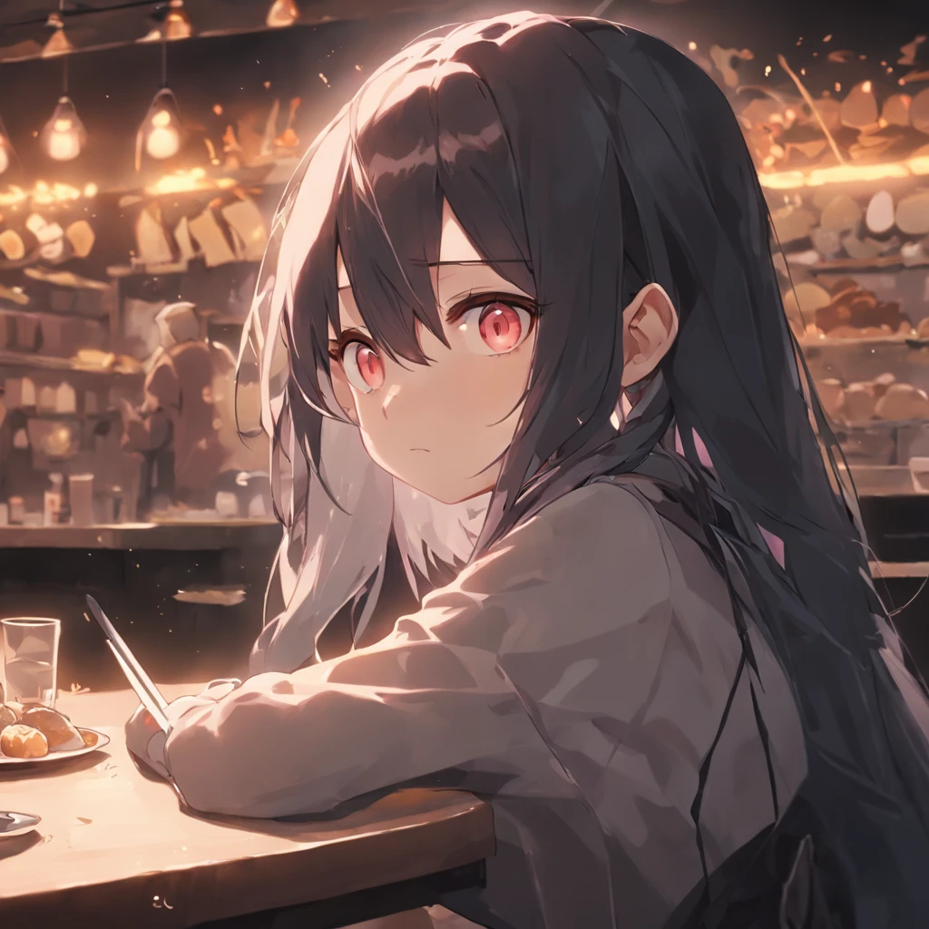 The girl sat at the table,There was coffee and a plate of food,realistic anime artstyle, Realistic anime 3 D style, Detailed digital anime art, attractive anime girls, The eyes are melancholy,largeeyes,cabelos preto e longos,Realistic anime art style, 4k manga wallpapers, Beautiful anime girl, 4K anime wallpaper, style of anime4 K, anime realism style, detailed portrait of an anime girl
