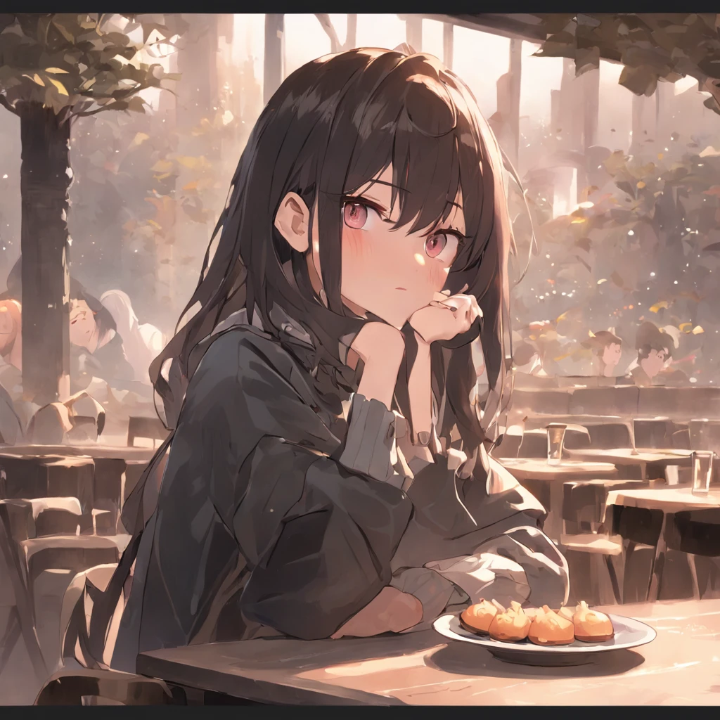 The girl sat at the table，There was coffee and a plate of food，realistic anime artstyle, Realistic anime 3 D style, Detailed digital anime art, attractive anime girls, The eyes are melancholy，largeeyes，cabelos preto e longos，Realistic anime art style, 4k manga wallpapers, Beautiful anime girl, 4K anime wallpaper, style of anime4 K, anime realism style, detailed portrait of an anime girl