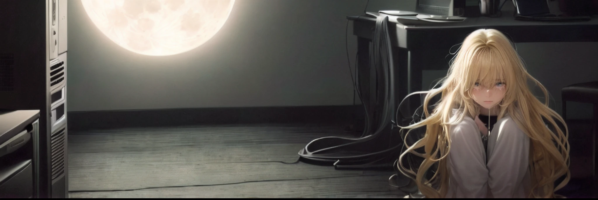 Girl crying in the dark, ((Blonde long-haired girl)), ((In a dark room lit by moonlight)), ((Front of computer)), I'm holding my knee, ((With your back turned)), ((Pitch black room)), ((One lady)), ((Room with no lights))