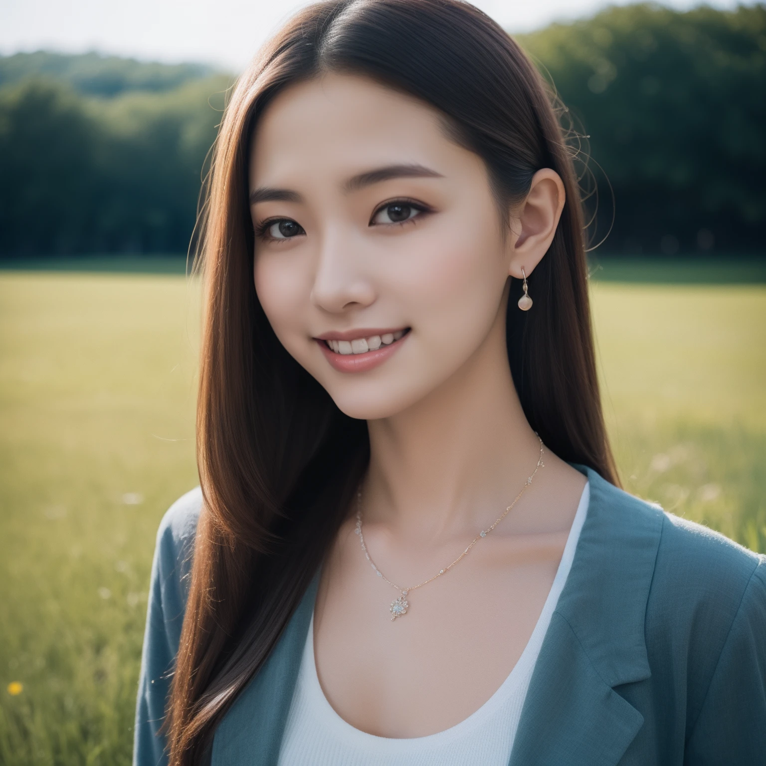 Best, Masterpiece, High Resolution, 1 Girl, Blush, (Seductive Smile: 0.8), Hair Accessory, Necklace, Jia, Tyndall Effect, Realism, Light Edge, Two-tone Lighting, (High Detail Skin: 1.2), 8K Ultra HD, DSLR, High Quality, Volume Lighting, Sneak Peek, Photo, High Resolution, 4K, 8K, Background Bokeh, Gorgeous Clothes, Earrings, 35mm, High Detail Hair, Upper Body, Bust, Portrait, Ultra Clear Face, (Lakeside, Meadow)