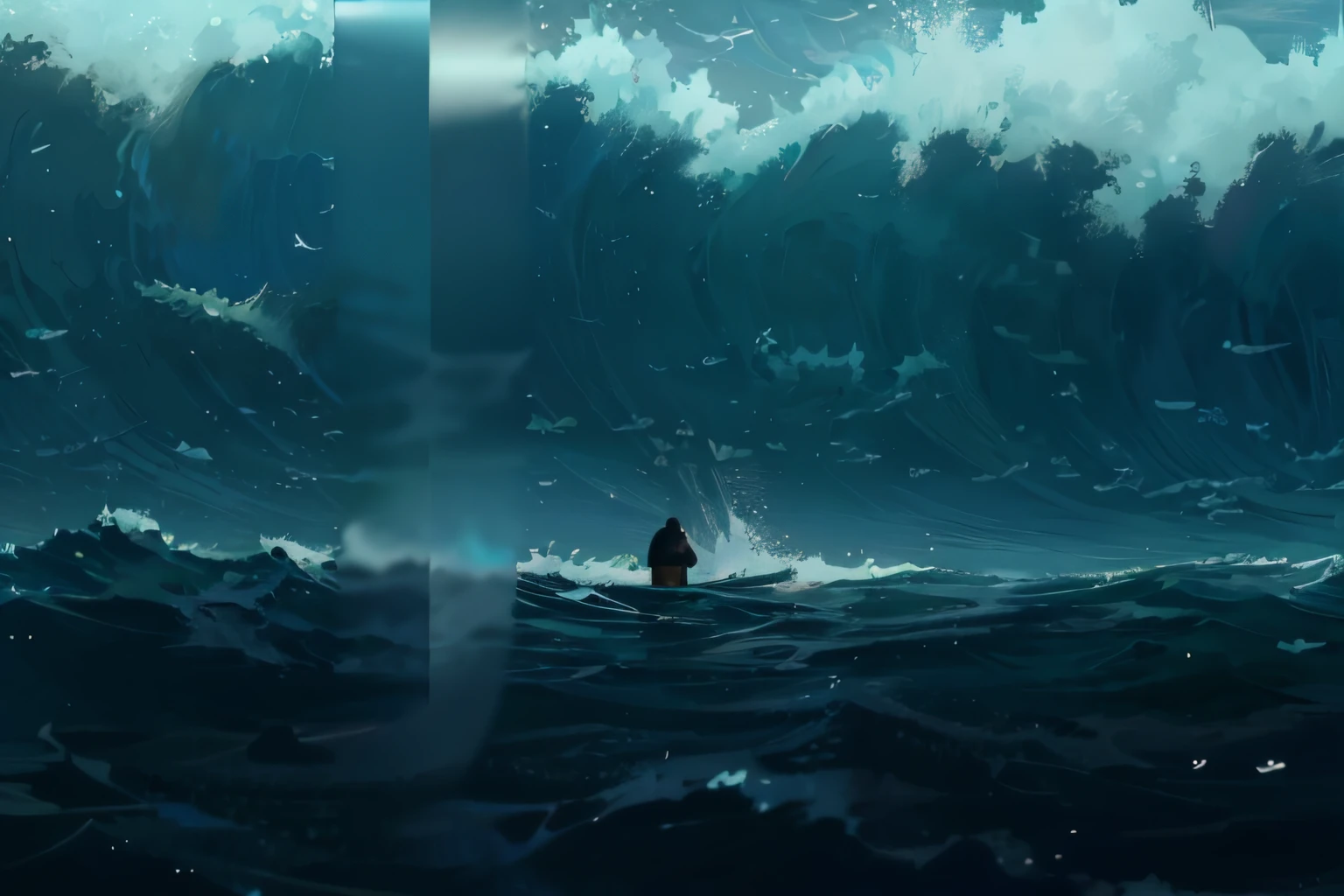 There was a man in the boat in the middle of a big wave, Tsunami behind him, makoto sinkai, Blue sea. By Makoto Shinkai, concept-art | RHADS, Makoto Shinkai Cyril Rolando, alex andreev, sergey kolesov concept art, sergey kolesov, Inspired by RHADS