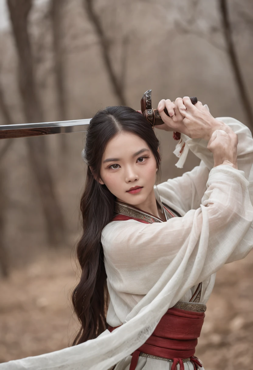China-style、holding a longsword、whaite hair、long and flowing hair、youth、Faraway view、4K