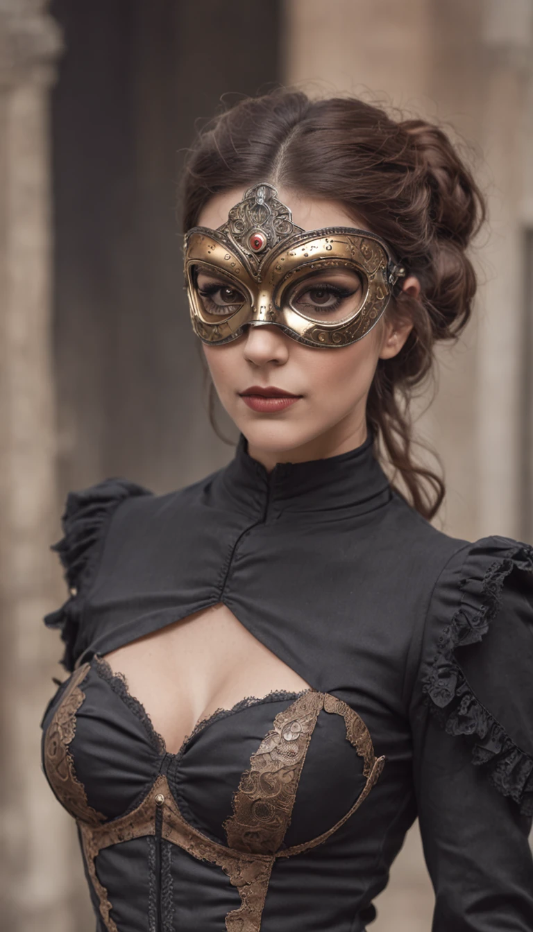 female heroine in DC's Steampunk style mask, poca ropa, ajustada, cuerpo completo, (con enmascaramiento basado en flash), Estilo steampunk, Antecedentes antiguos, elegante, deslumbrante, (papel tapiz), Arte conceptual, Detalles intrincados, Altamente detallado, ((kinematics)), dramatic, (Calidad extremadamente alta, Concedido, obra:1.5), (fotorrealista:1.5), Foto Fotorrealista, NIKON, luz natural, 4k, a high definition, XF IQ4, 150MP, 50 millimeters, Certificado ISO 1000, 1/250s, luz natural, Adobe Lightroom, Photo Lab, Photographic affinity, PhotoDirector 365,