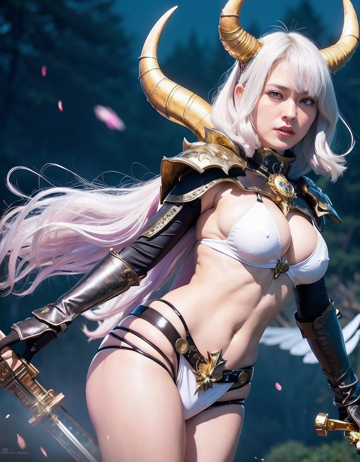 Professional , masterpiece、top-quality、photos realistic , depth of fields 、(White bikini armor)、(Mystical expression)、Jewel Gold Weapon、Particles of light),Gorgeous gold weapons ,(( Gorgeous Dragon Sword)) , (Hold the Devil's Hand),,(maikurobikini) 、((White hair))、(Castle background)、(demonic wings)、((Gangle's forest background))、Beautiful Caucasian beauty、1a person、dynamic ungle,(((Two devil's horns on the head)))、Smaller head、Idle Smile、Thin and beautiful female hands、Mystical expression、Light Effects、intense fighting、Wind-effect、magic circles、With the legendary magic wand、Dragon's tail、